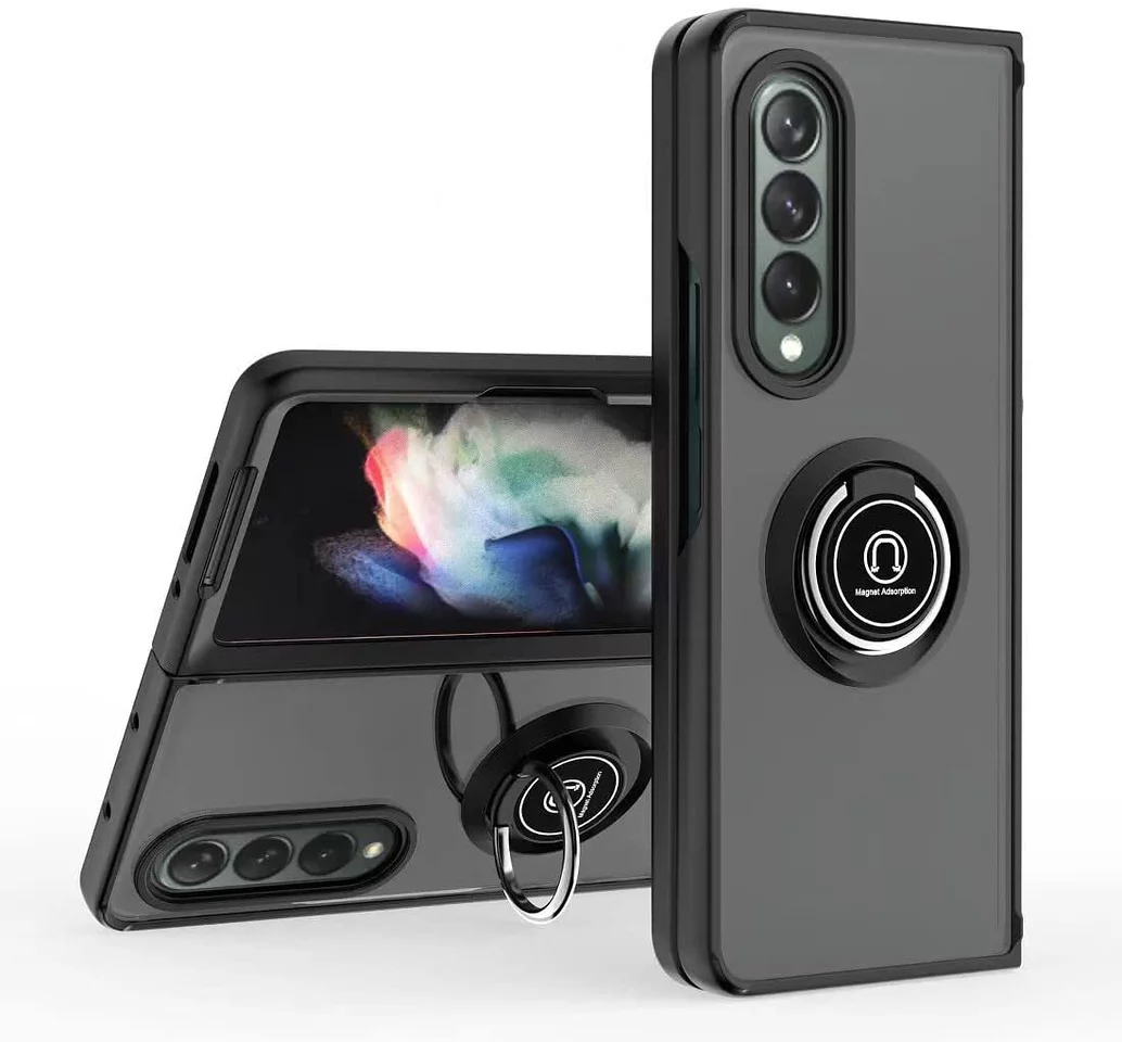 Xpression Case for Samsung Galaxy Z Fold 3 5G Finger Ring Stand Holder Kickstand Hybrid Frosted Matte TPU Hard PC Frame Shock-Absorption Phone Cover [Black]