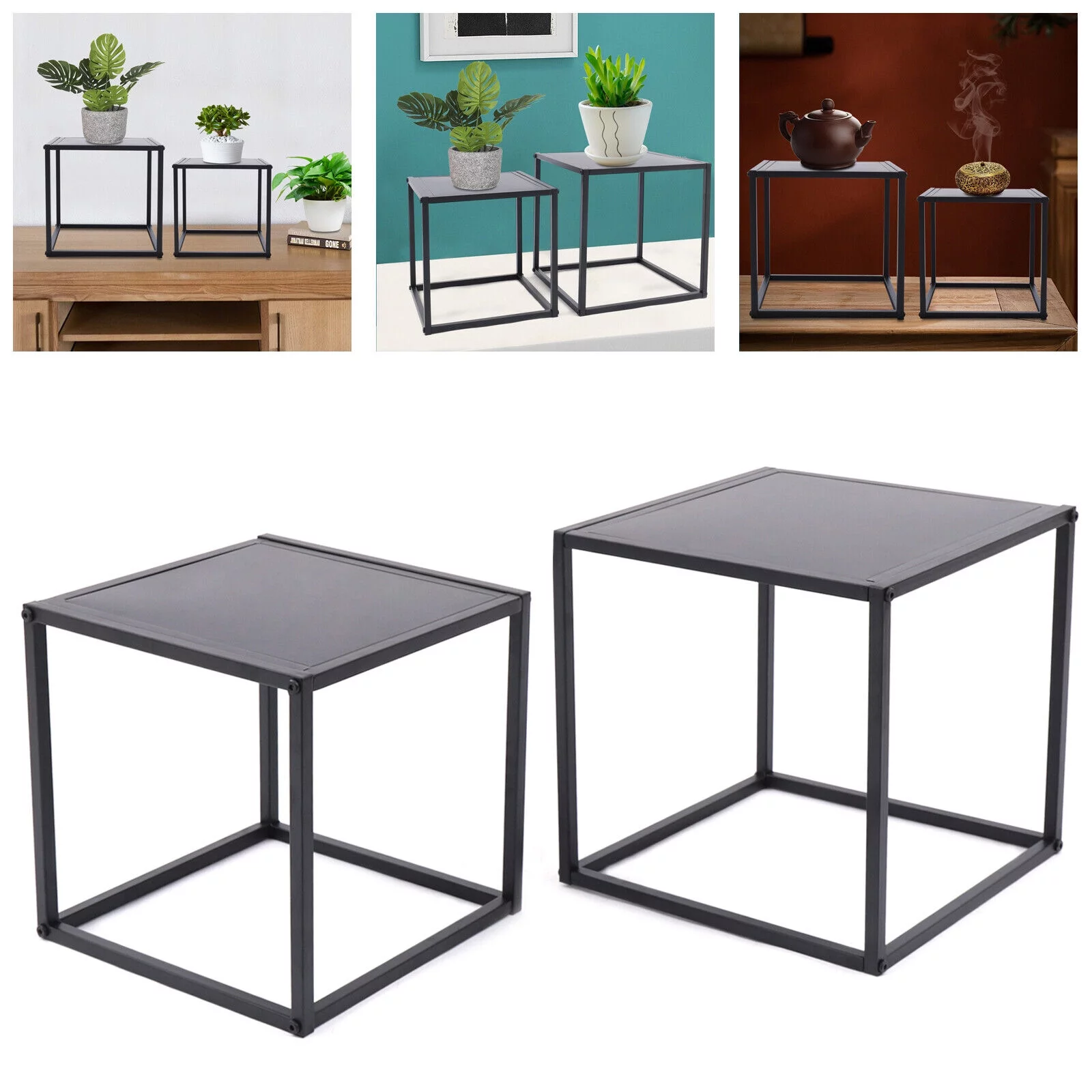 Miumaeov 2pcs Modern End Side Table Metal Coffee Table Square Tray Stand Bedroom Nightstand Black