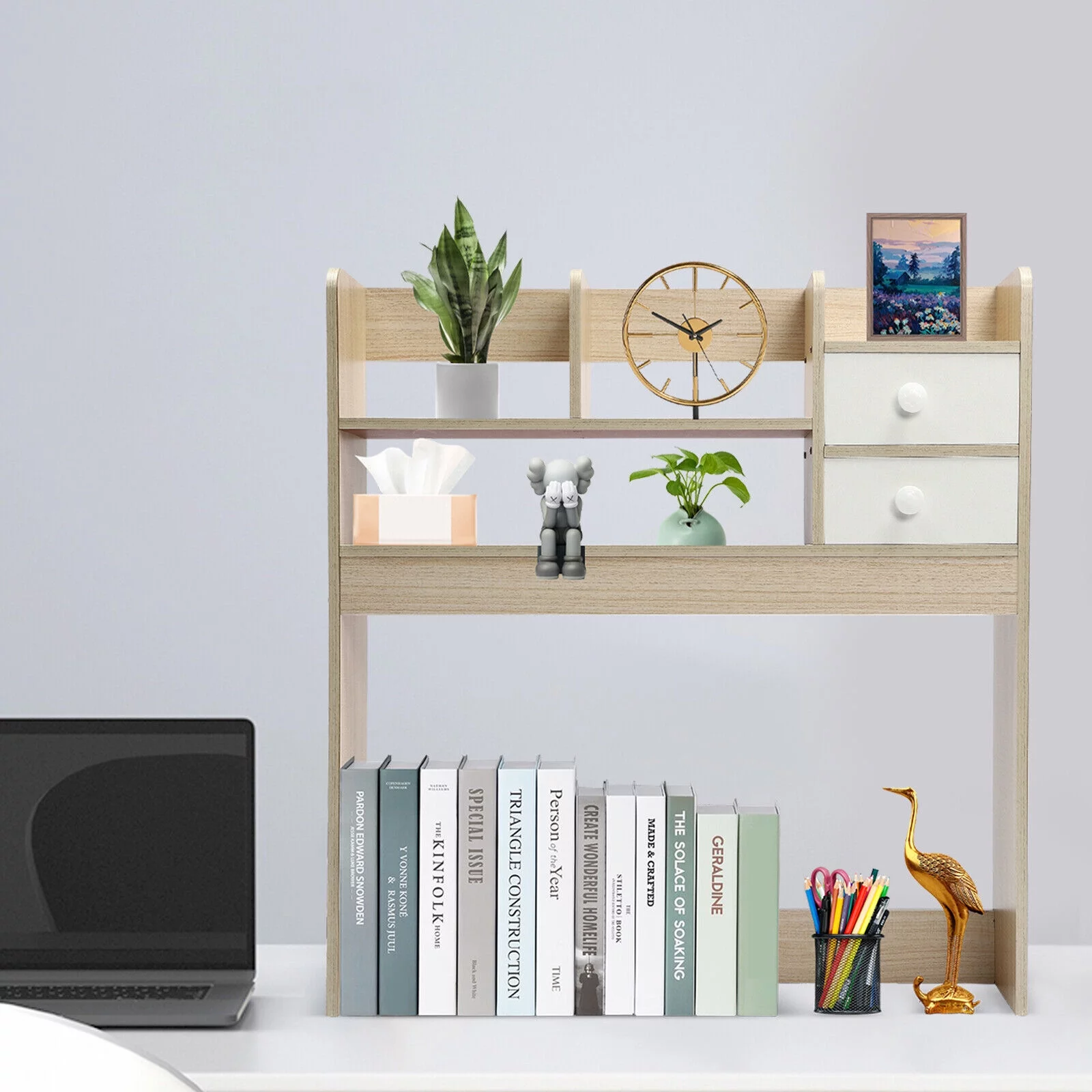 Modern Desktop Bookshelf Brushed Oak/White Desk Bookshelf Desktop Organizer Display Shelf Office