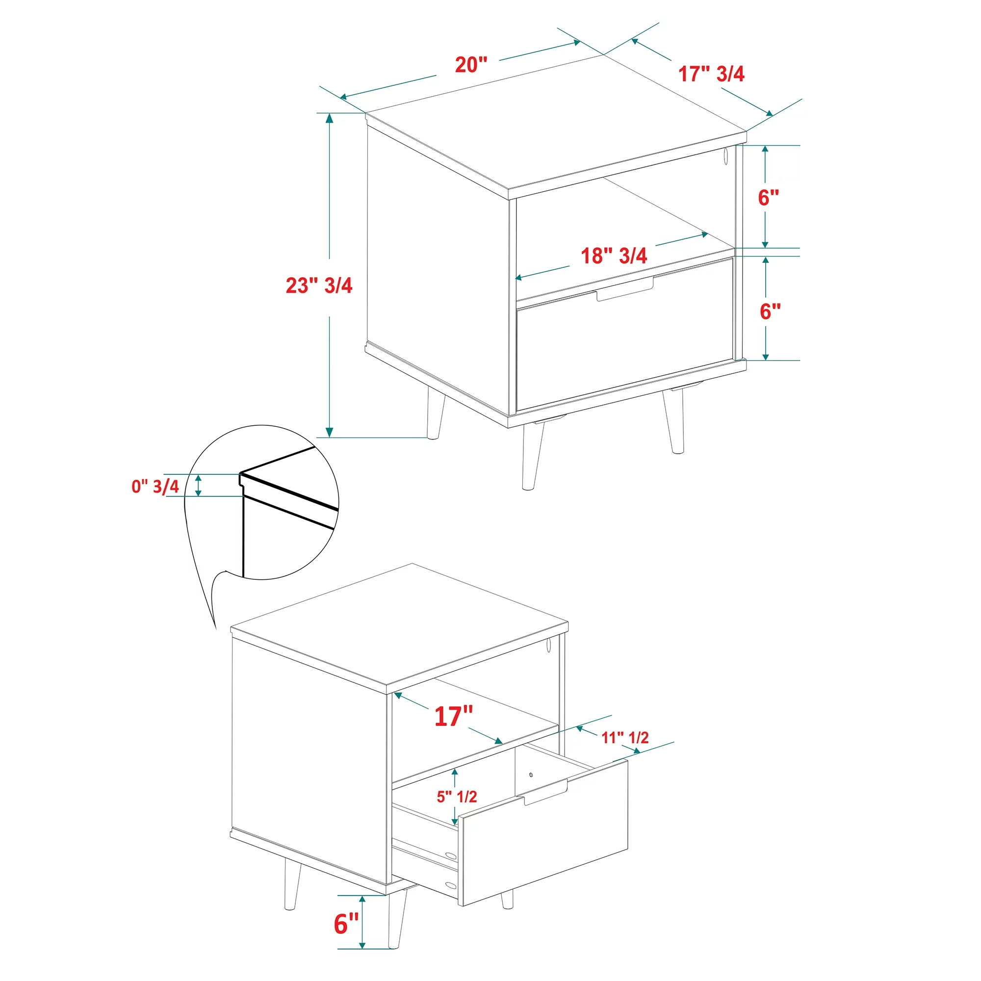 Walker Edison 24” Mid-Century Modern Groove Handle 1-Drawer Side Table, Walnut