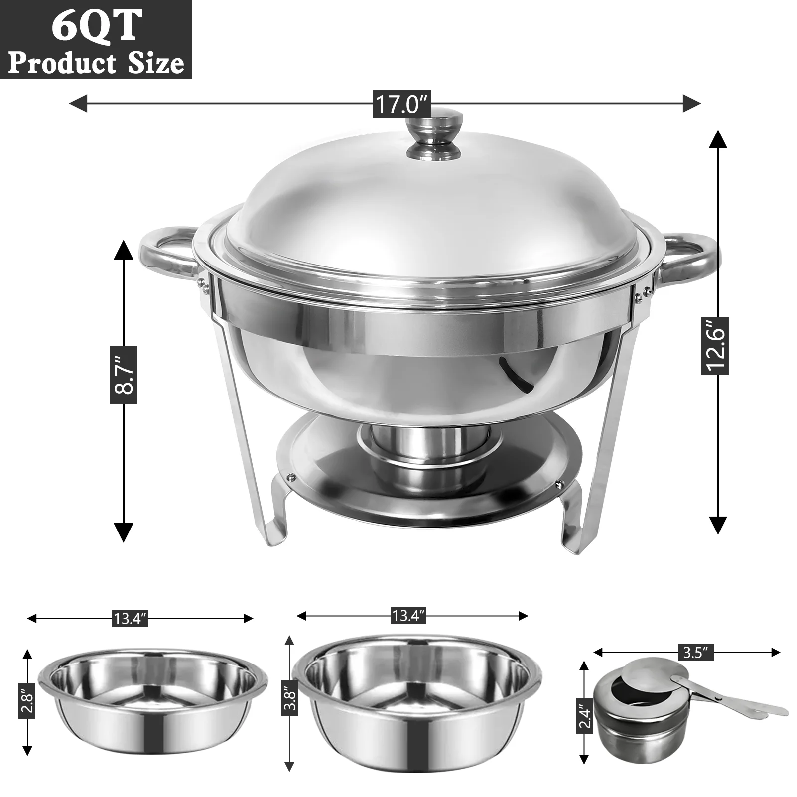 Jacgood 6 Qt Chafing Dish Buffet Set,4 pack Stainless Steel Round Chafers and Buffet Warmers Sets with Food and Water Trays for Catering