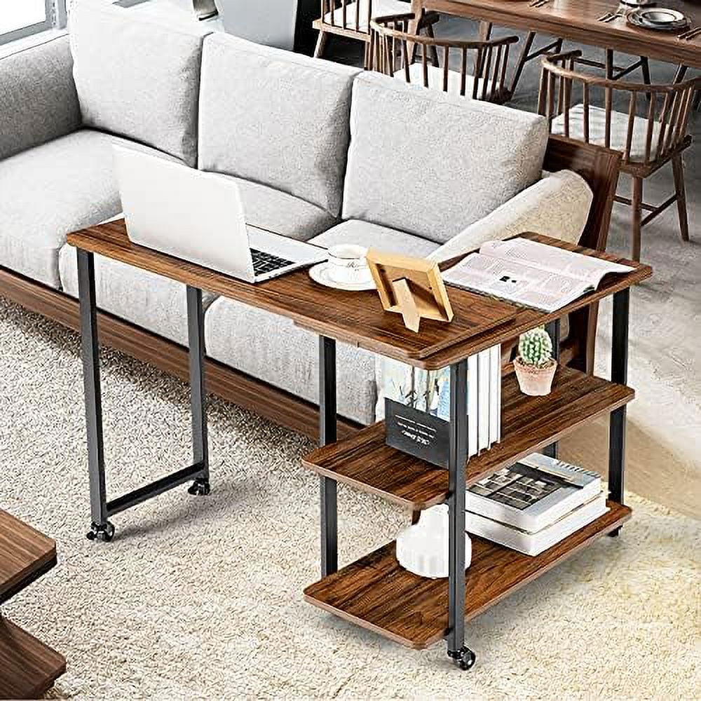 CGFHYP ° Rotating Sofa   Patented L-Shaped Corner Desk with 2-Tier    Mobile End Table Movable Laptop Table with Casters  for Home Office (Rustic Brown)