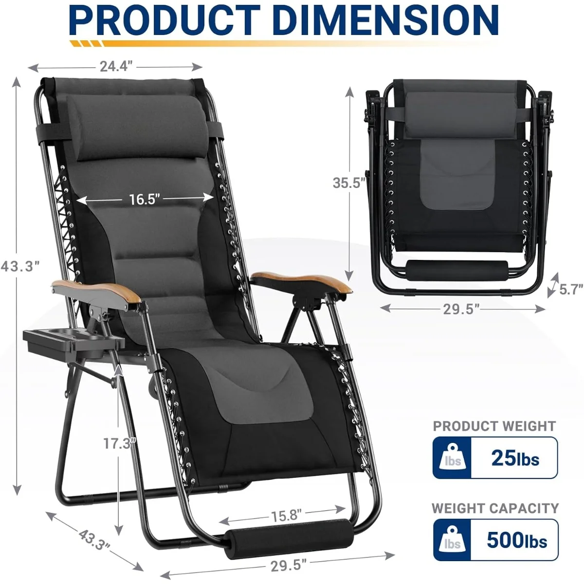 Chair 30In XL Oversized Outdoor Anti Gravity Chairs Patio Lounge Folding Adjustable Chair with Cup Holder, Foot Pad & Padded Headrest, Supports 500lbs (Grey)