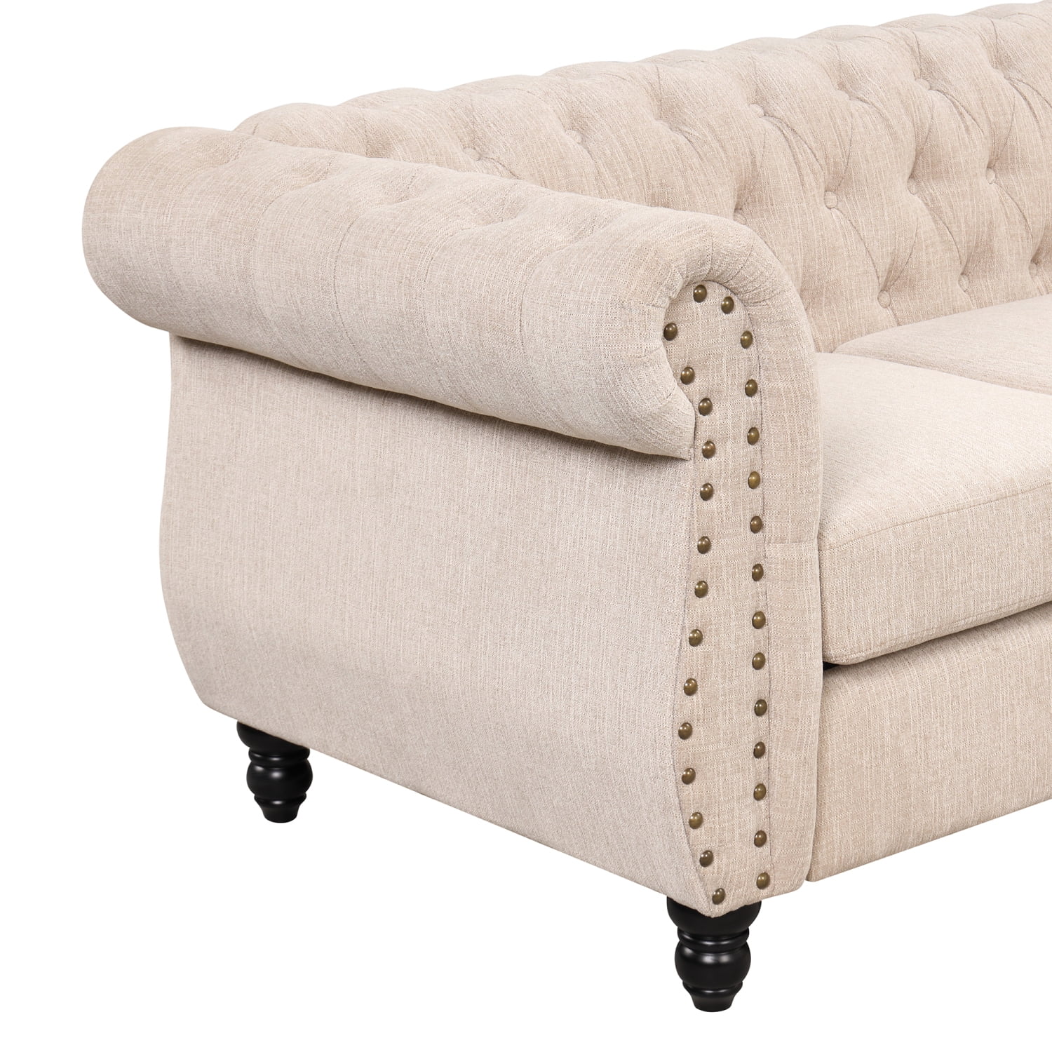 82” modern sofa Dutch plush upholstered sofa  solid wood legs  buttoned tufted backrest  beige