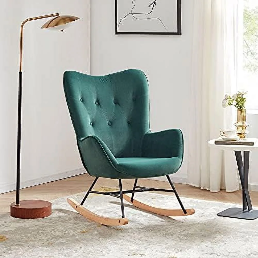 SQFGHB Mid Century Modern Rocking Chair  Upholstered Velvet Armchair with Tufted Buttons  Vintage Comfy Glider Chair for Living Room  Bedroom  Nursery - Finnegan (Green)