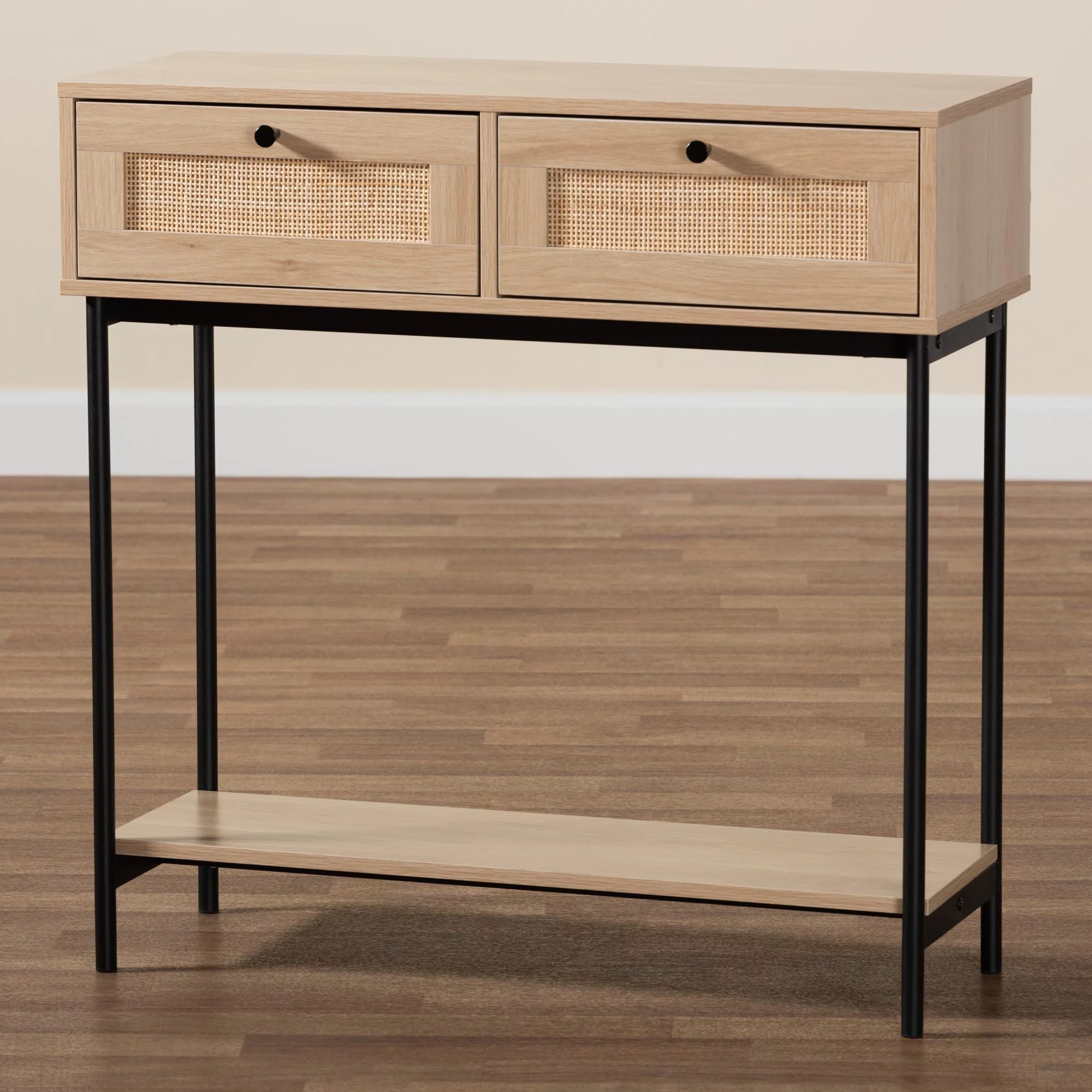 Baxton Studio Sherwin Mid-Century Modern Light Brown and Black 2-Drawer Console Table with Woven Rattan Accent