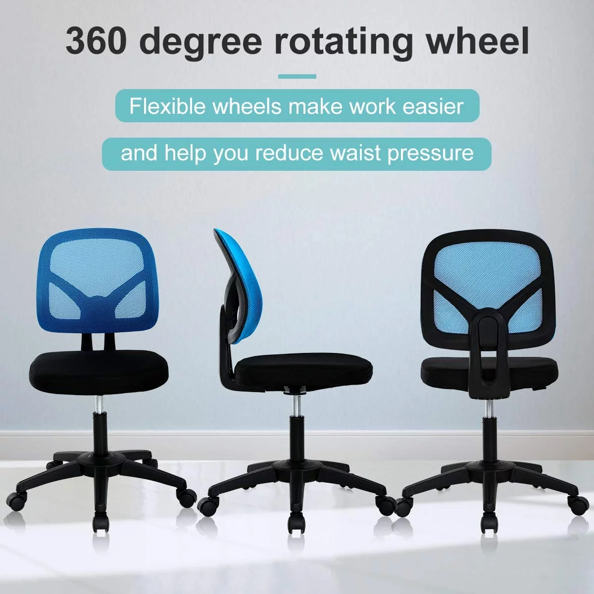 Mesh Office Chair No Arms Swivel Desk Chairs Adjustable Height Computer Chair Swivel Task Chair with Curved Square Back, Seat Width 18.3 inch, Blue
