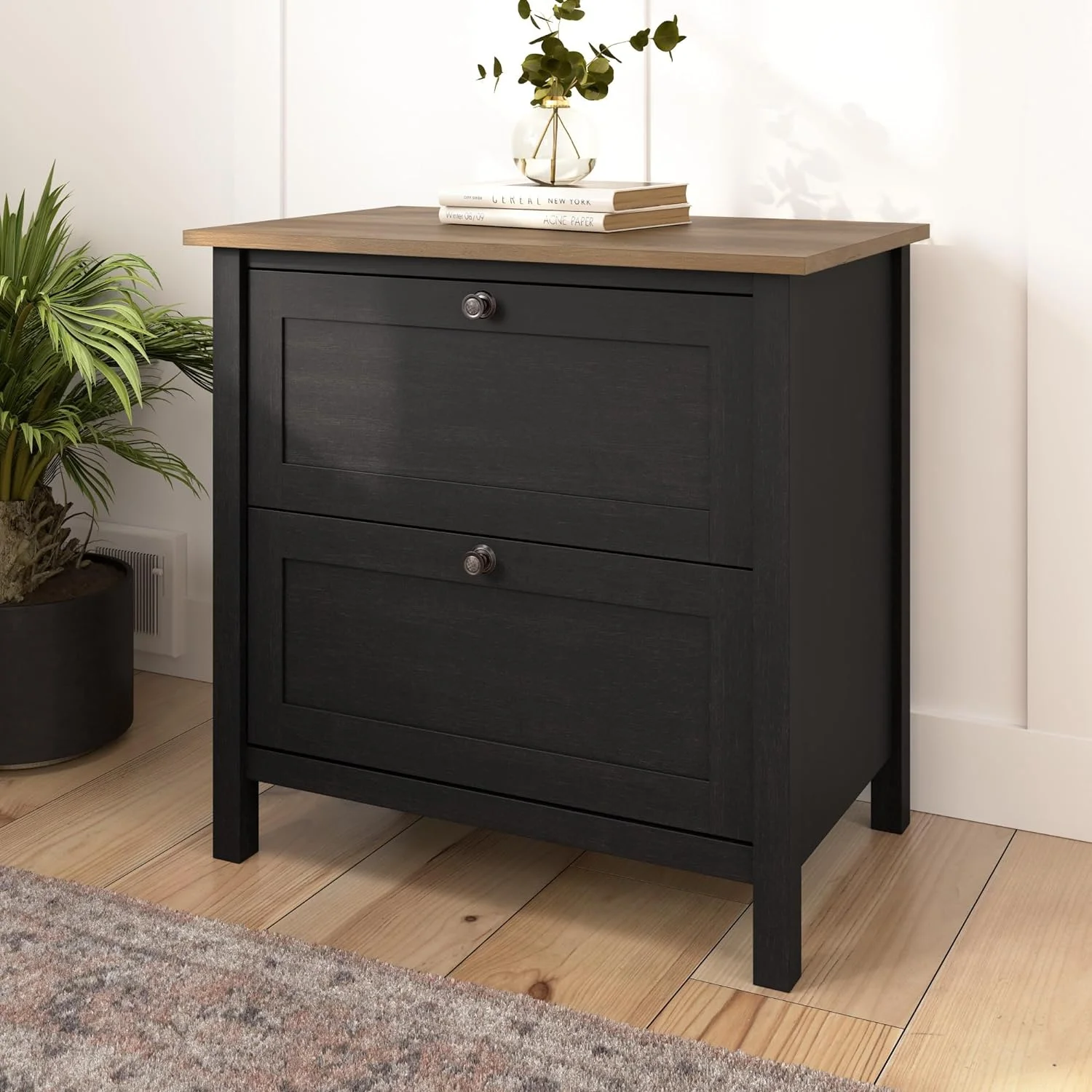 Mayfield 2 Drawer Lateral File Cabinet In Vintage Black And Reclaimed Pine | Storage For Home Office Workspace