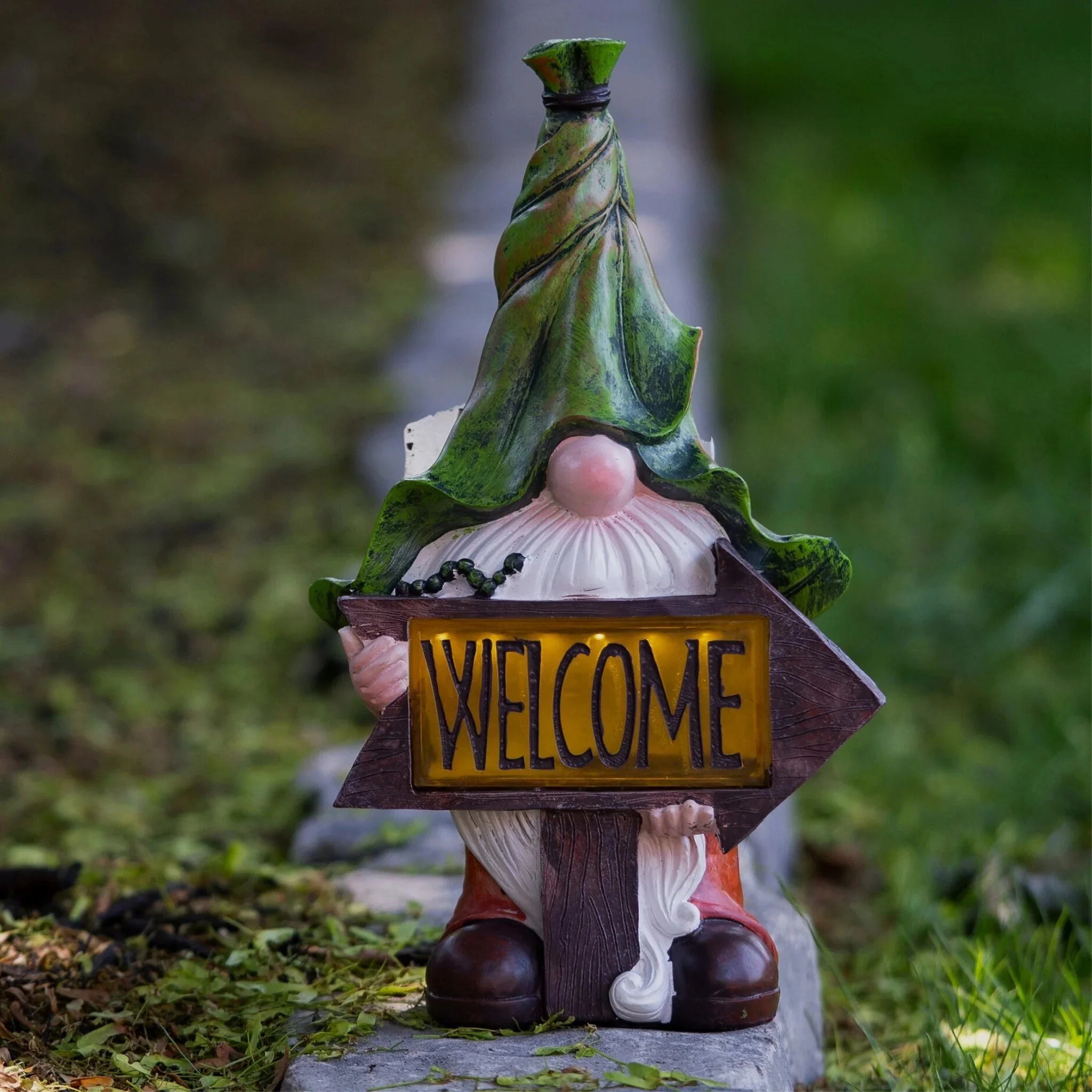 Accent Collection Garden Gnome with Leaf Hat and Welcome Sign, Solar-Powered LED Light