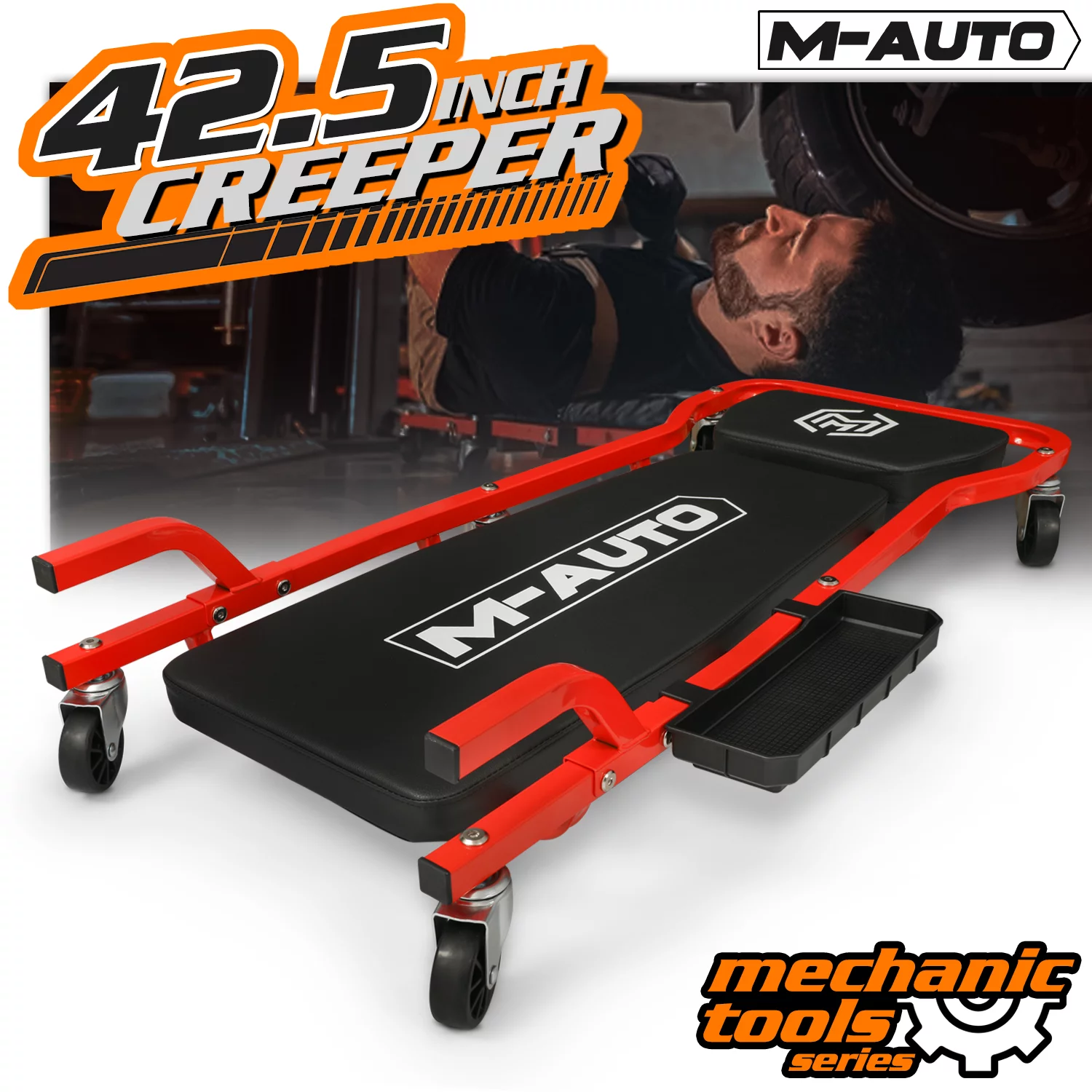 M-AUTO 42.5 Inches Upholstered Rolling Creeper Mechanic Cart with Adjustable Headrest & Handle and 6 Casters, 300 lbs Capacity, Red