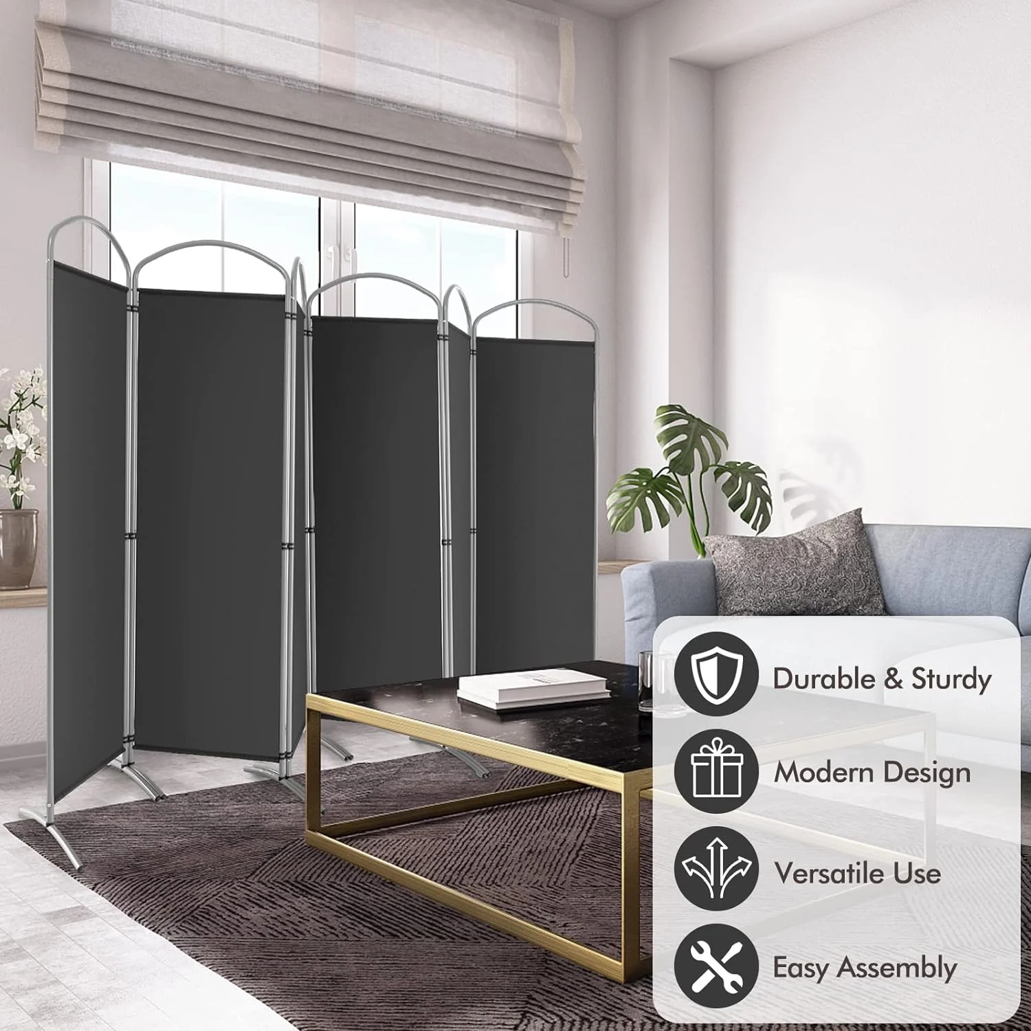 6 Panels Room Divider, 6 Ft Folding Privacy Screen with Stable Metal Frame, Freestanding Fabric Wall Divider and Separator, Portable Room Partition Screen for Home Office Hospital, Grey