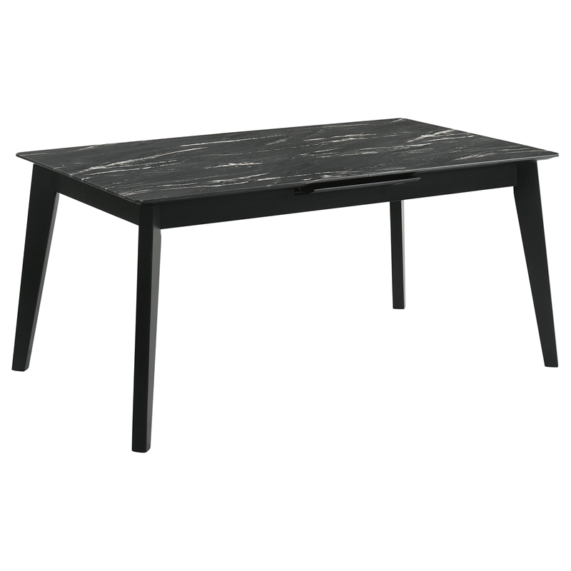 Pemberly Row Wood Dining Table Faux Marble Top and Extension Leaf Black