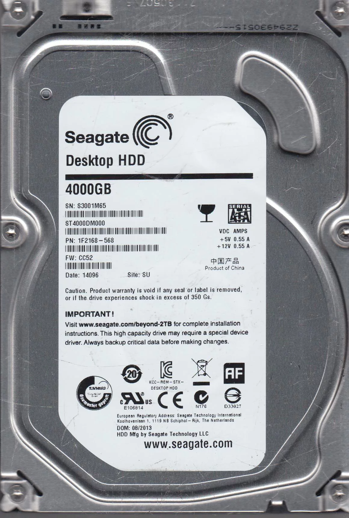 ST4000DM000, S30, SU, PN 1F2168-568, FW CC52, Seagate 4TB SATA 3.5 Hard Drive