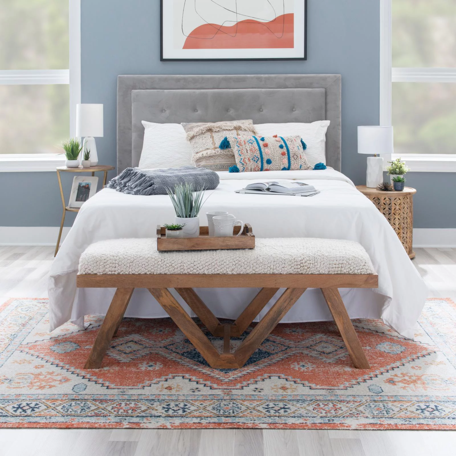 Powell Byan Bench - Brown with Off-White Handwoven Fabric