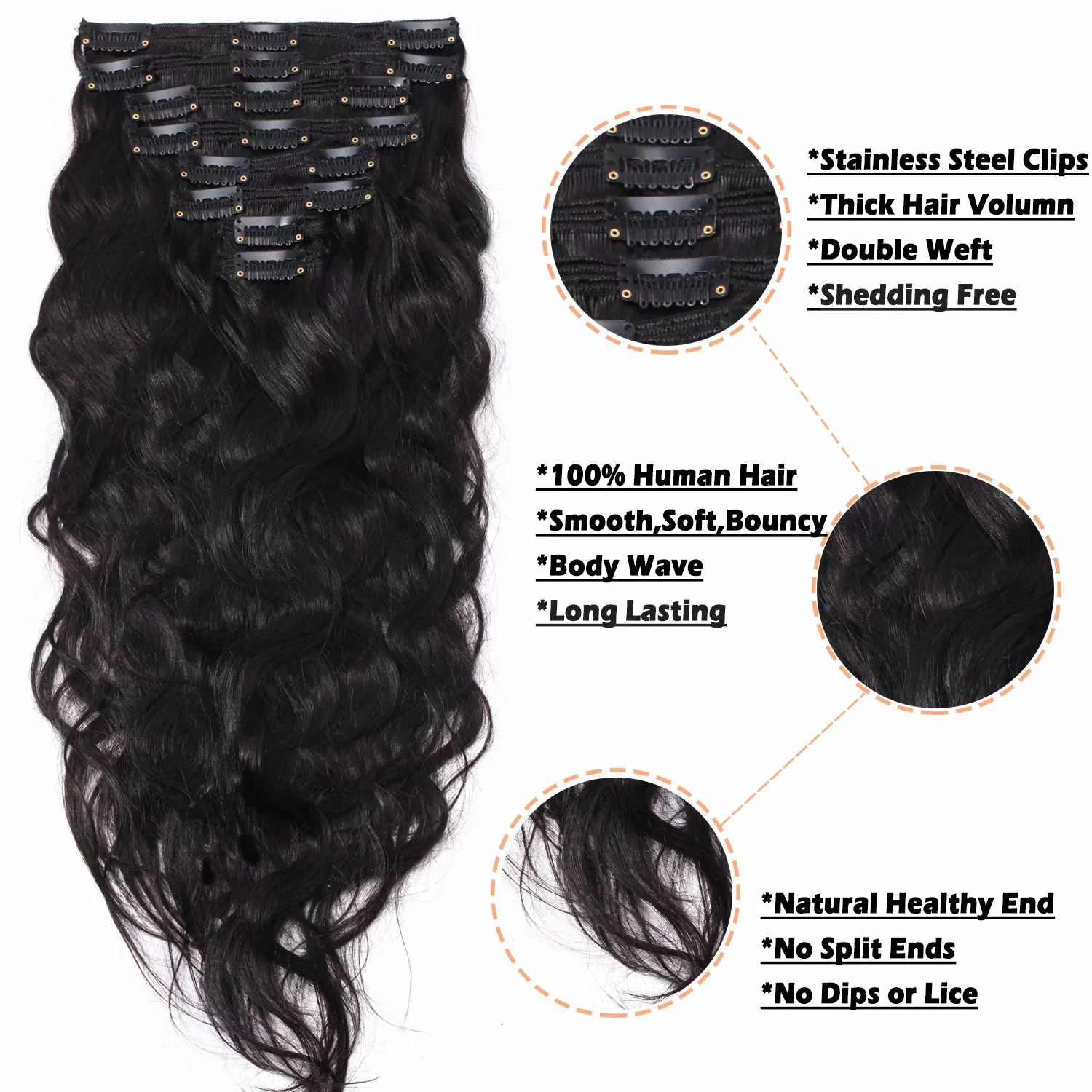Benehair Clip In 100% Real Remy Human Hair Extensions Double Weft Thick Full Head 18