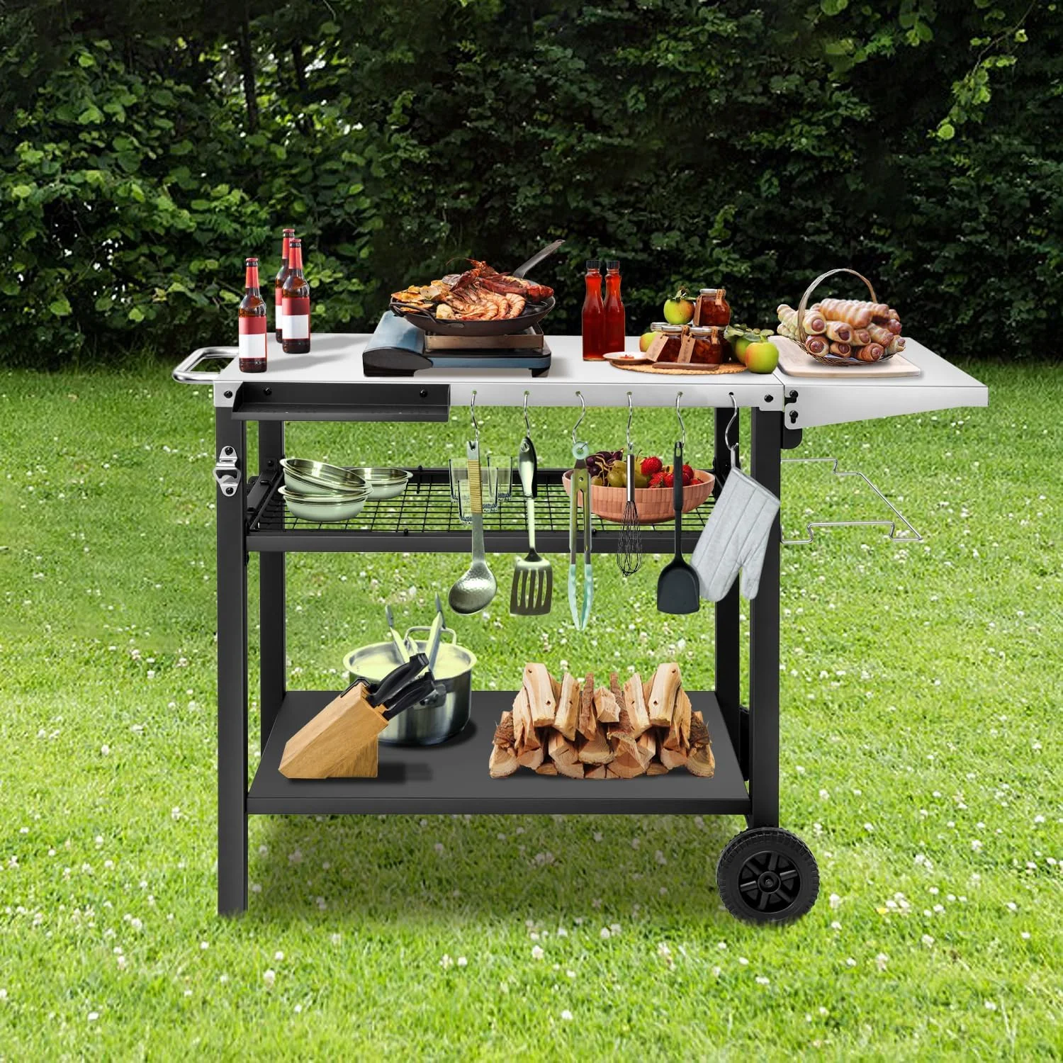 Outdoor Grill Cart Table Pizza Oven Stand, Three-Shelf Stainless Steel Food Prep Table Patio BBQ Grill Table Bar Cart Kitchen Island with Wheels