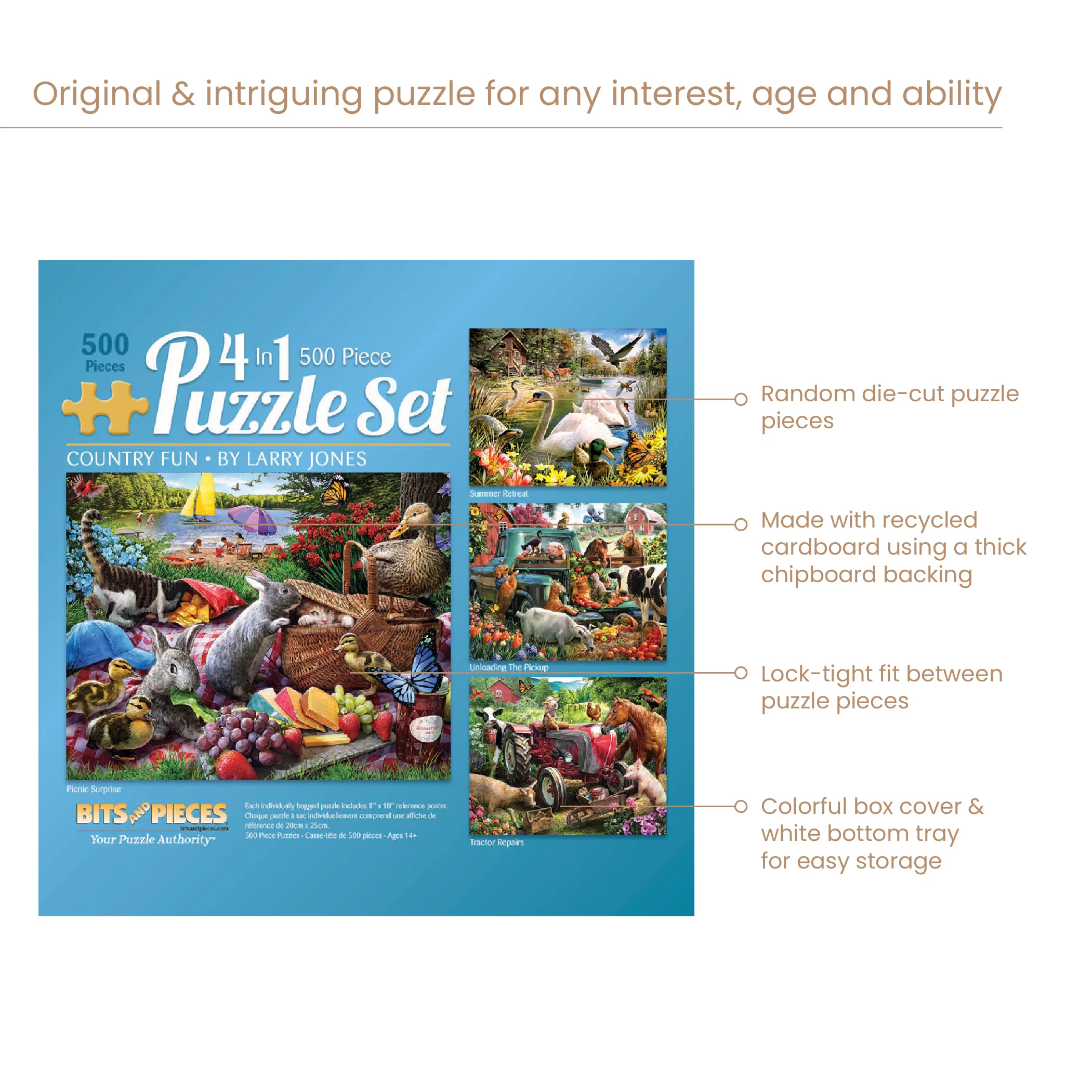 Bits and Pieces - 4-In-1 Multi-Pack Country Fun 500 Piece Jigsaw Puzzles for Adults - Each Puzzle Measures 16 