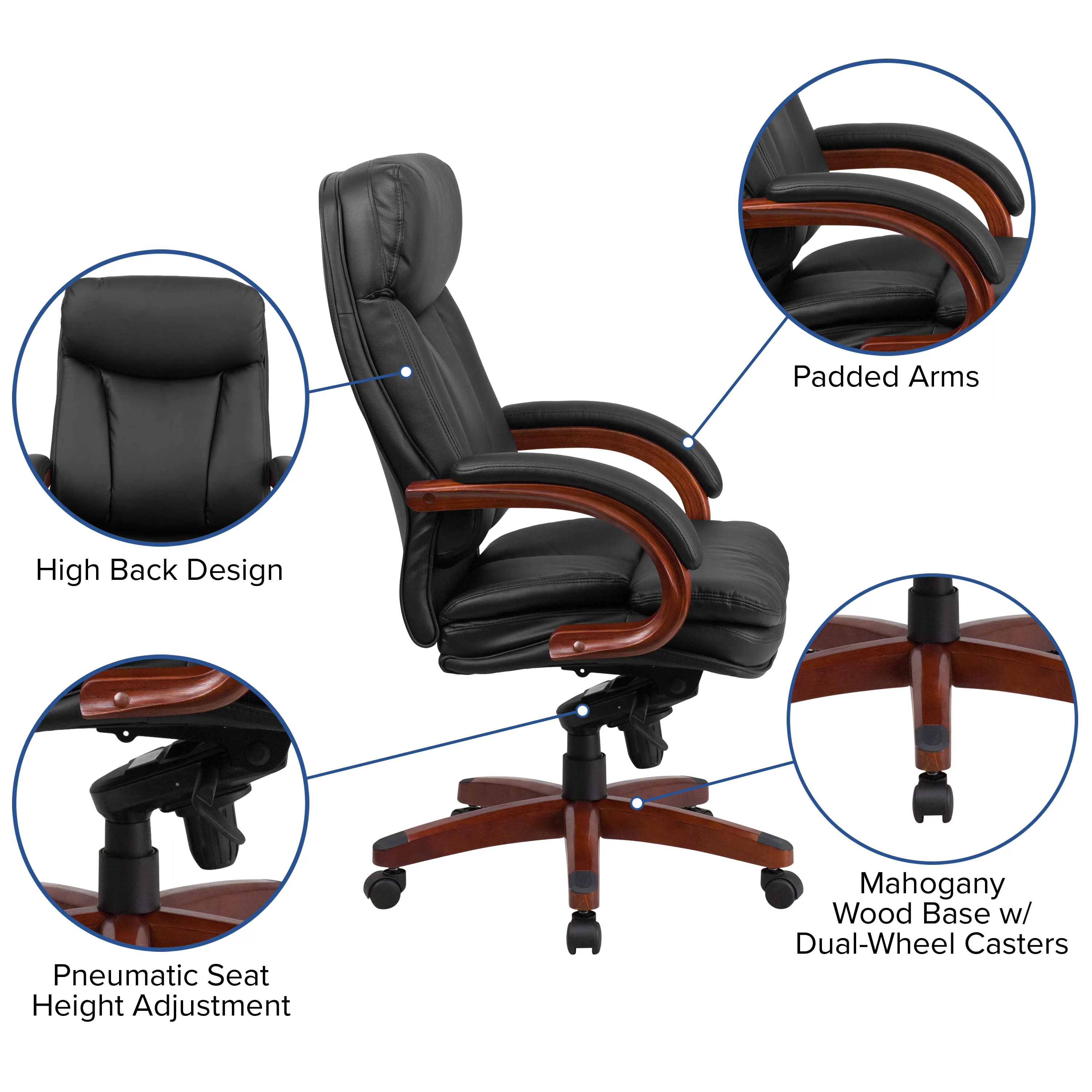 Emma + Oliver High Back Black LeatherSoft Synchro-Tilt Ergonomic Office Chair with Wood Base