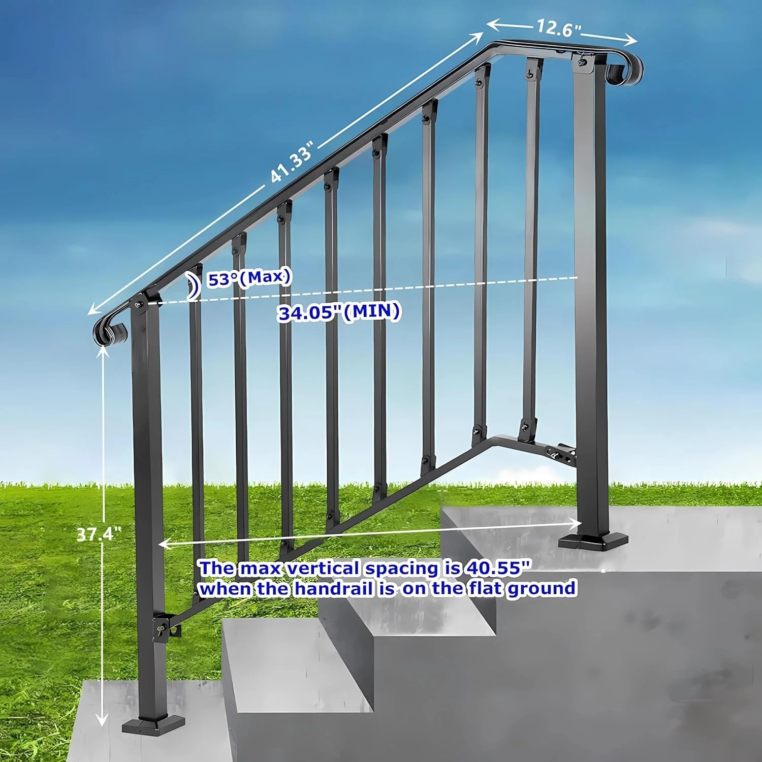 OUWI Handrails for Outdoor Steps Fits 1 to 4 Steps Outdoor Stair Railing，Staircase Handrail Fits with Installation Kit Transitional Handrail for Concrete Steps or Wooden Stairs