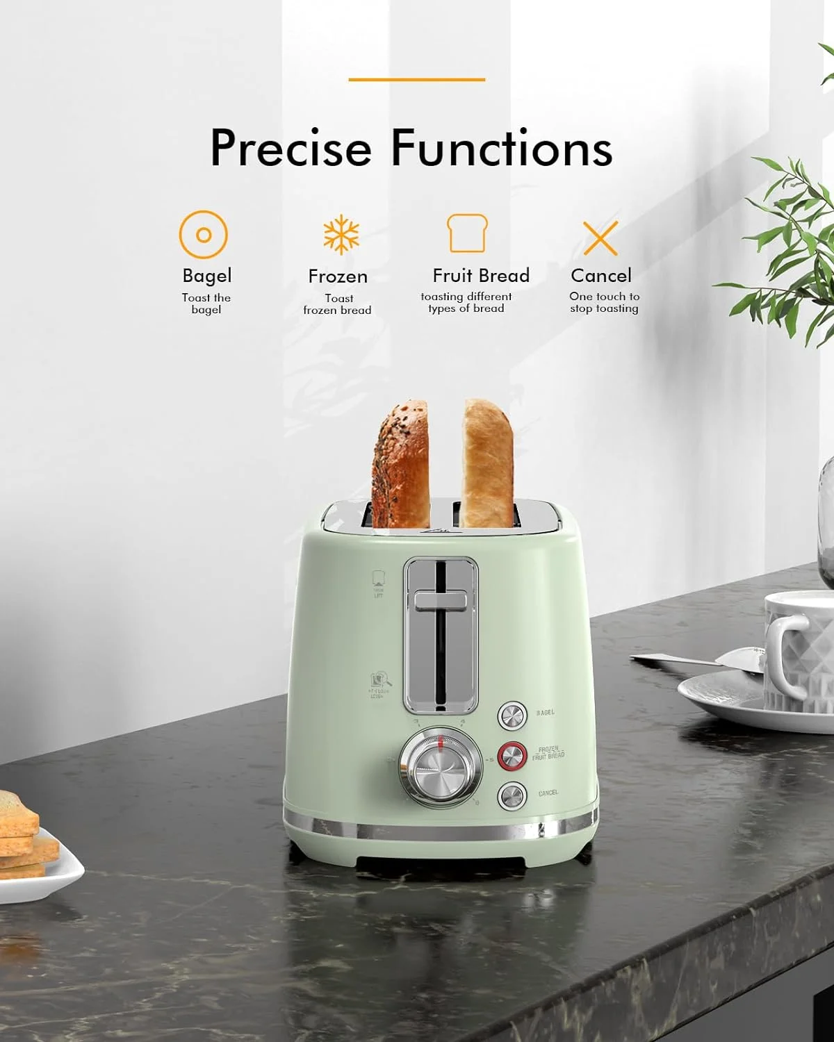 Toaster with Extra Wide Slots & Removable Crumb Tray - 6 Browning Options, with Lift + Look, Auto Shut Off & Frozen Function, Toast Fruit Bread, Bagel & Waffle, Pastel Green