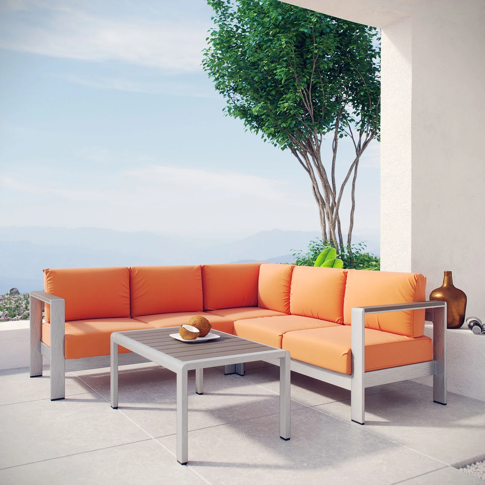 Modern Contemporary Urban Design Outdoor Patio Balcony Four PCS Sectional Sofa Set, Orange, Aluminum