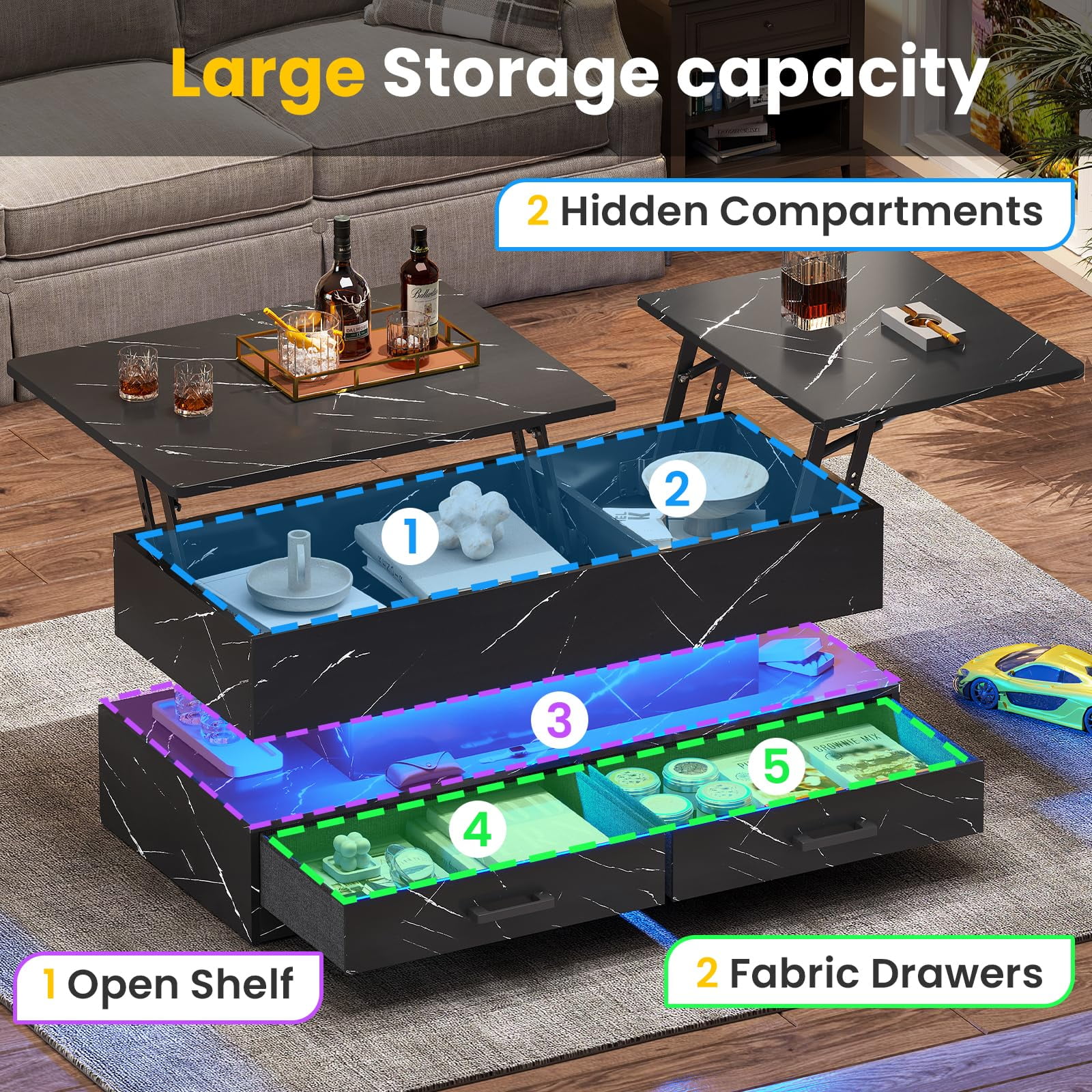 Lift Top Coffee Table with 2 Fabric Drawers, Modern 40