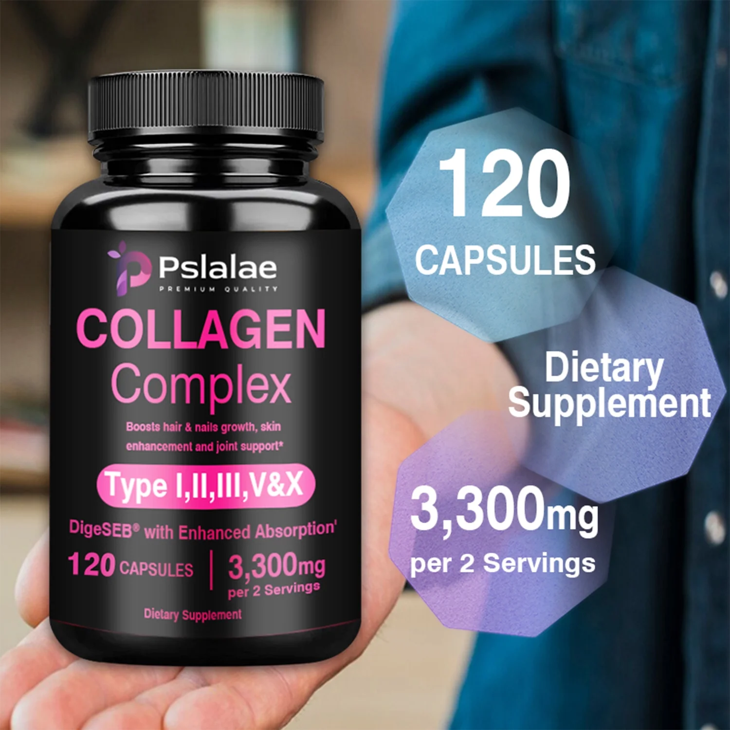 Pslalae Collagen Complex 3300mg- Type I, II, III, V, X -Nourishes Skin,Supports Joints(30/60/120pcs)