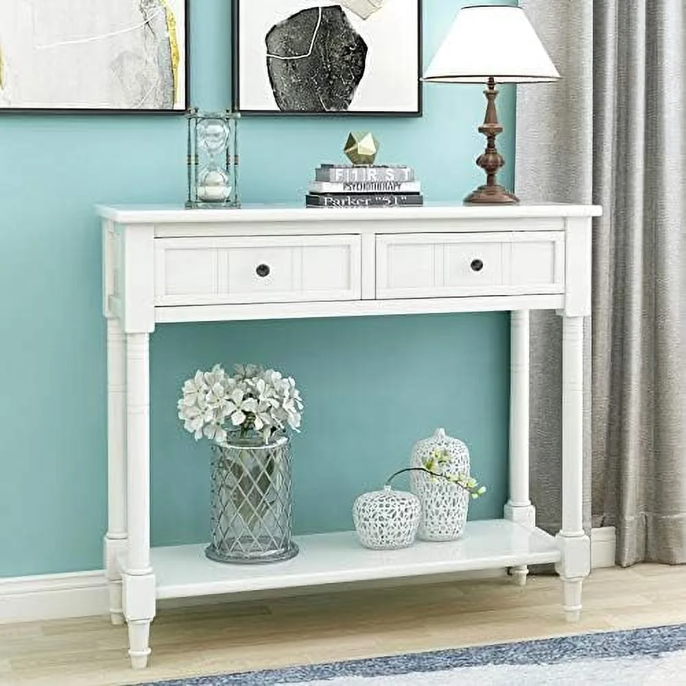 TJUNBOLIFE Console Table Sideboard Wooden Sofa Table with 2 Drawers and Bottom  for Bedroom (White)