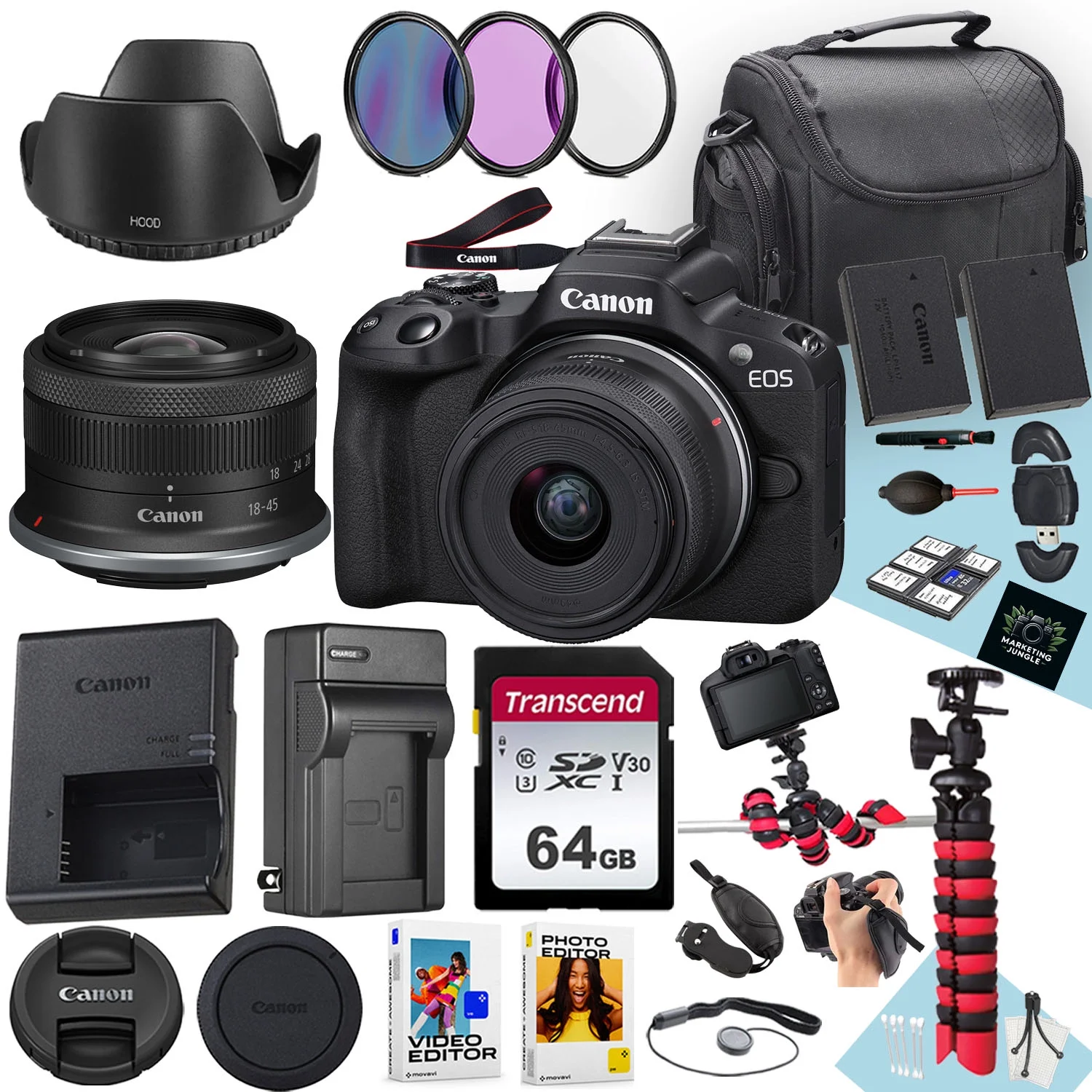 Canon EOS R50 Mirrorless Camera With RF-S 18-45mm f/4.5-6.3 IS STM Lens + 64 GB Memory + Hood + Extra Battery + Battery Charger + Filters + More (25pc Bundle)