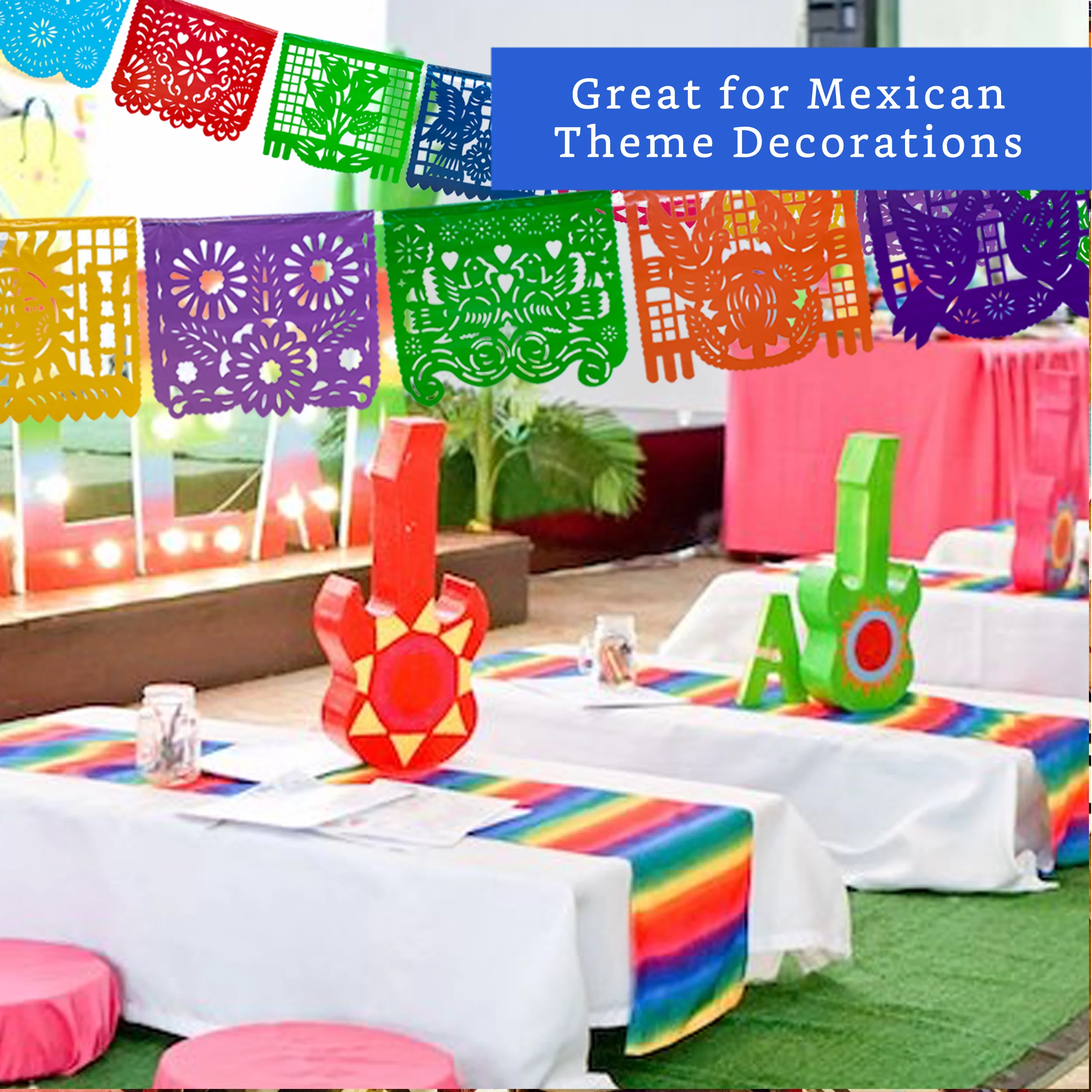 Mexican Party Banners (5 Pack with 10 Tissue Paper Flags per Banner) - Papel Picado Mexicano by Fiesta Wraps