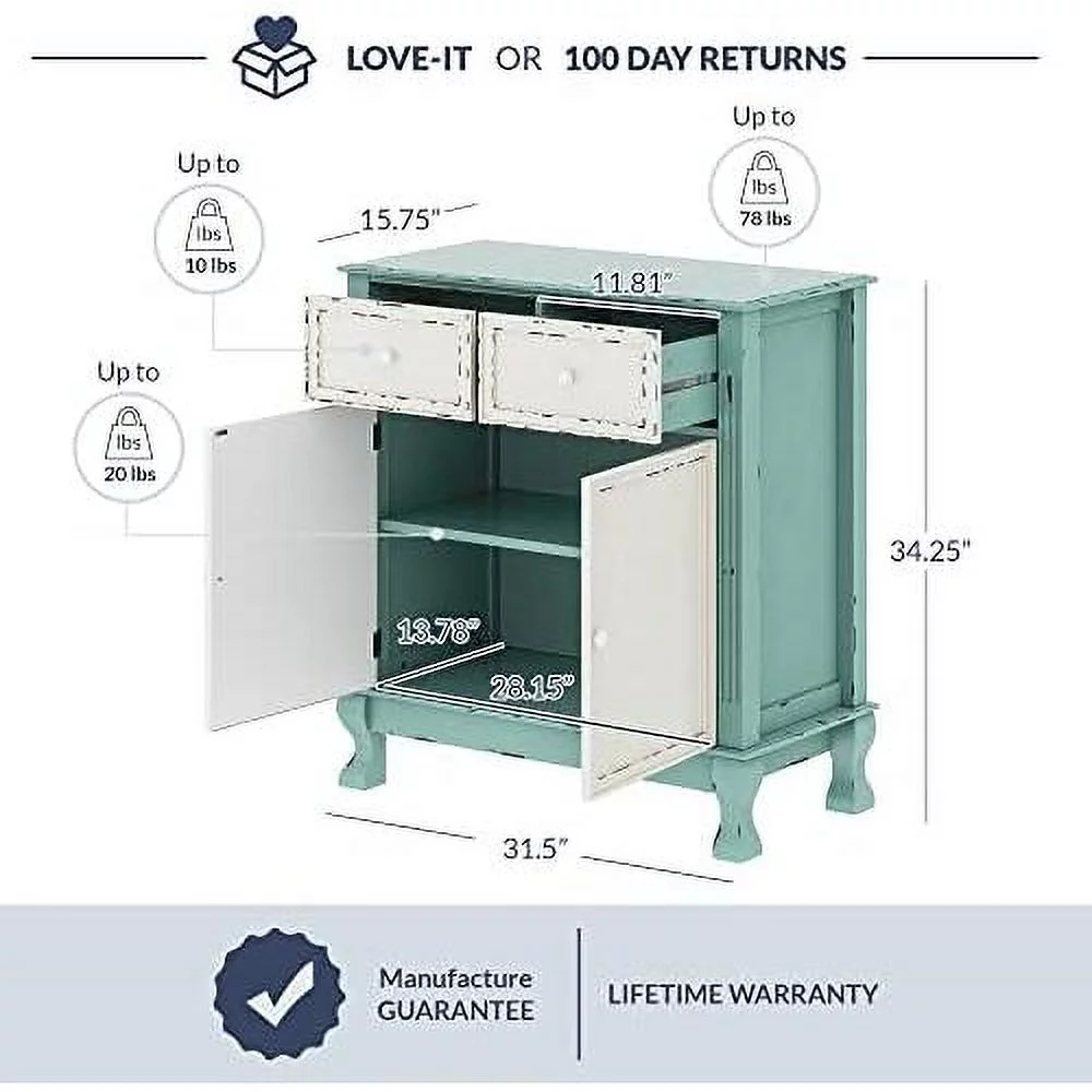 Rustic 32 Inch Wood Entryway Sideboard Cabinet, Antique Farmhouse Vintage Traditional Accent Storage Chest, Two Living Room Decor - Abbey (Sea Foam Green)