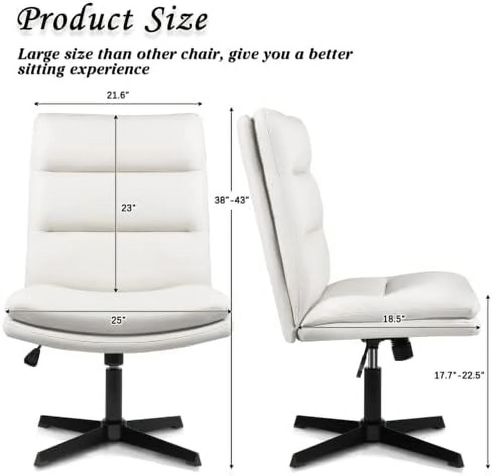 TJCGDTY High Back Armless Office Desk Chair No Wheels  PU Leather Cross Legged Office Chair  Wide Seat Home Office Desk Chairs  Adjustable Swivel Vanity Task Computer Chair (Beige)