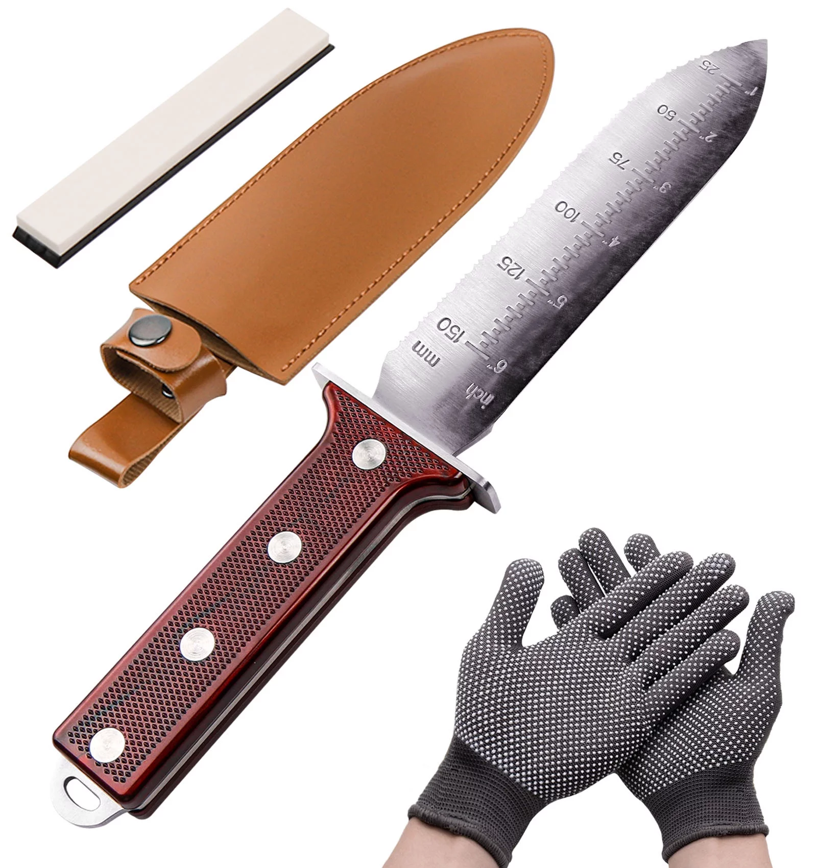 Ymam.Light Japanese Hori Hori Garden Knife, Soil Knife for Gardening with Sheath, Serrated Side Weeding Knife for Gardening, Garden Digging Tools