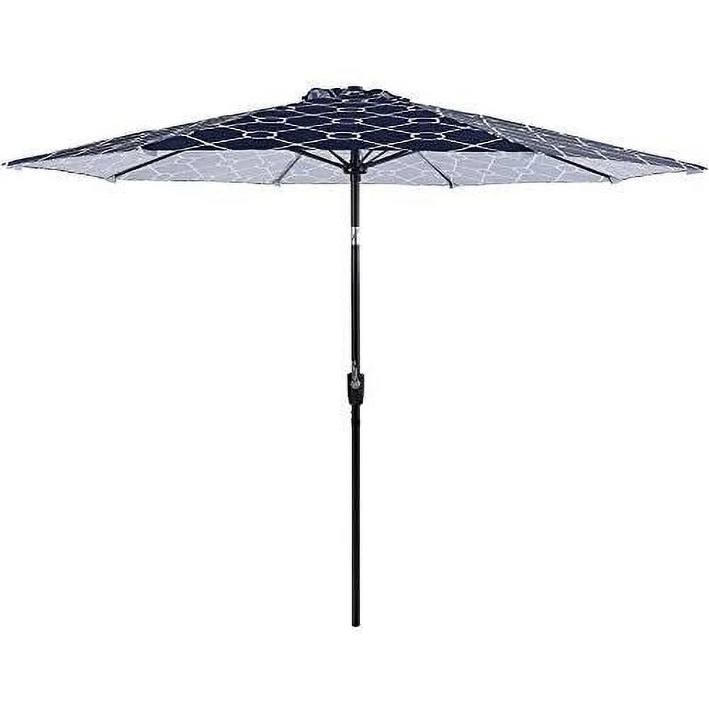 9Ft Fiberglass Patio Umbrellas, Outdoor Printing Auto-Tilt Market Umbrella With 8 Sturdy Ribs, Navy Blue & White Printing