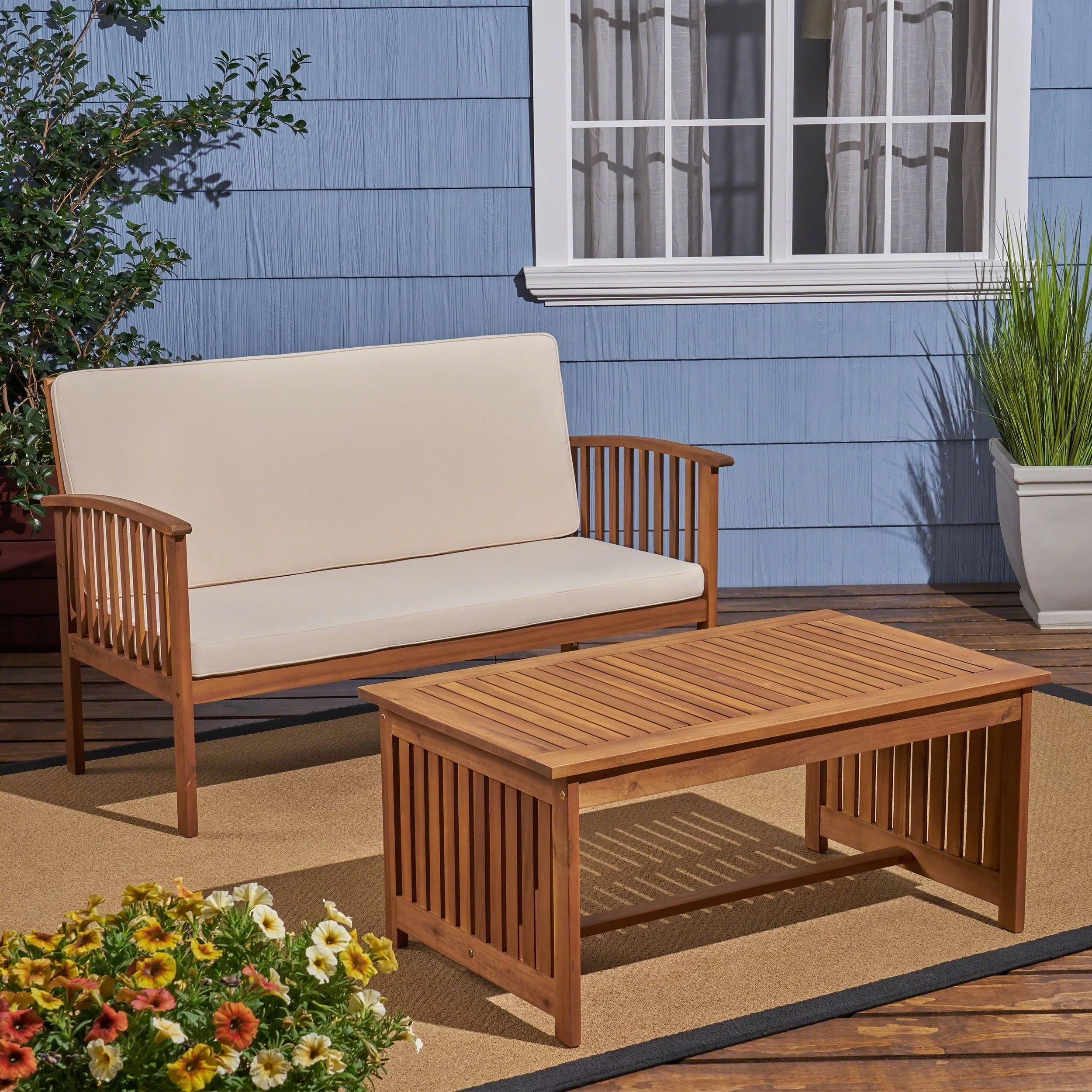 Christopher Knight Home Carolina Outdoor Acacia Wood Loveseat and Coffee Table by  Brown Patina