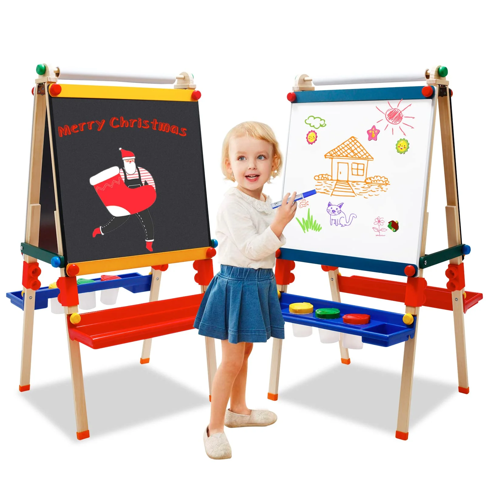 Wooden Easels for Kids with Paper Roll Double-sided Board Dry Erase Adjustable Standing Art Easel with Storage