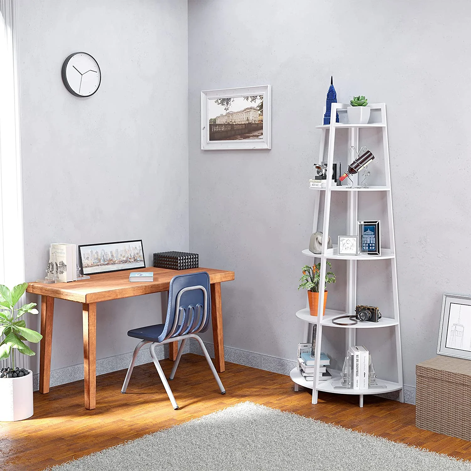 Adrinfly Corner Shelf 70 Inch Tall Bookshelf 5- Tier Industrial Corner Bookcase Corner Ladder Shelf Thin Bookshelf Rustic Bamboo Stand for Living Room, Kitchen, Home Office White