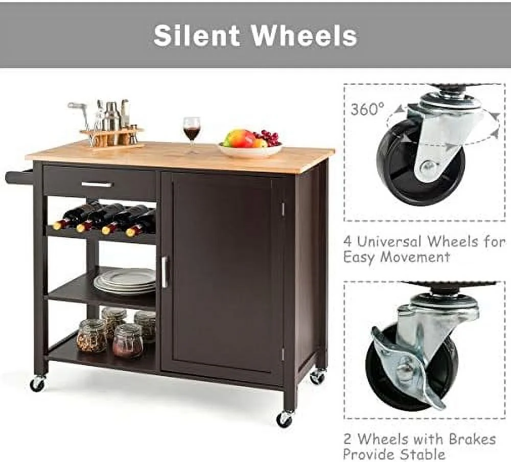 HYHBIBOOM Rolling Kitchen Trolley Cart  Utility Kitchen Cart with Rubber Wood Top  Towel Rack and Lockable Wheels  Rolling Kitchen Island Cart Trolley  Cabinet Towel Rack Drawer Shelves