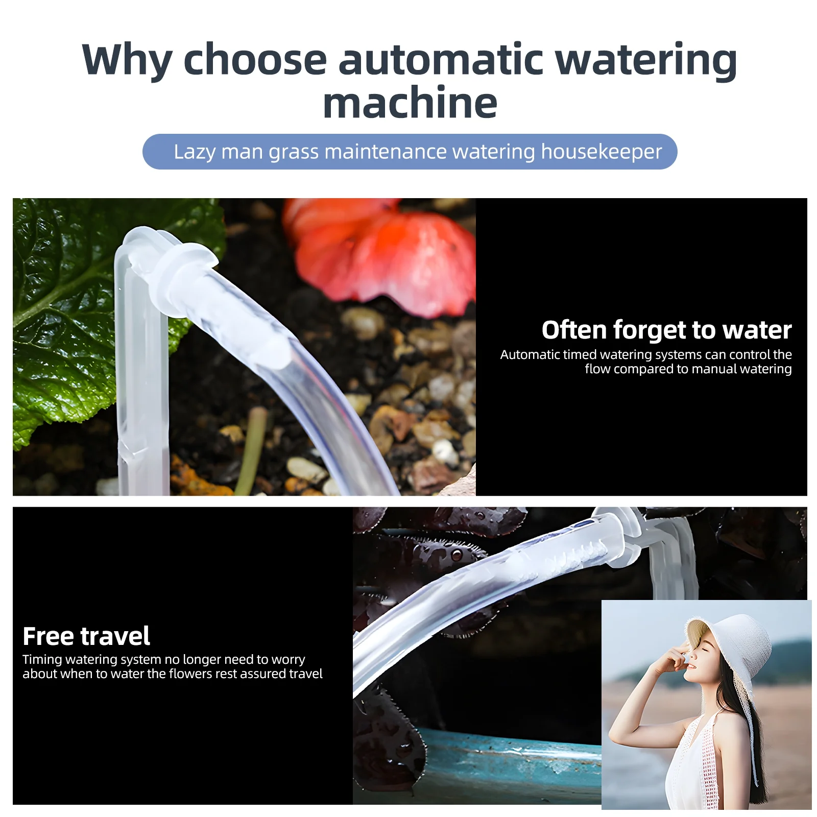 3W Solar Automatic Watering Device Dual Pump Timed Irrigator for 15 Pots LCD Display USB/Solar Panel Powered Drip Irrigation Kits 10m Tube Length for Flowers Plants