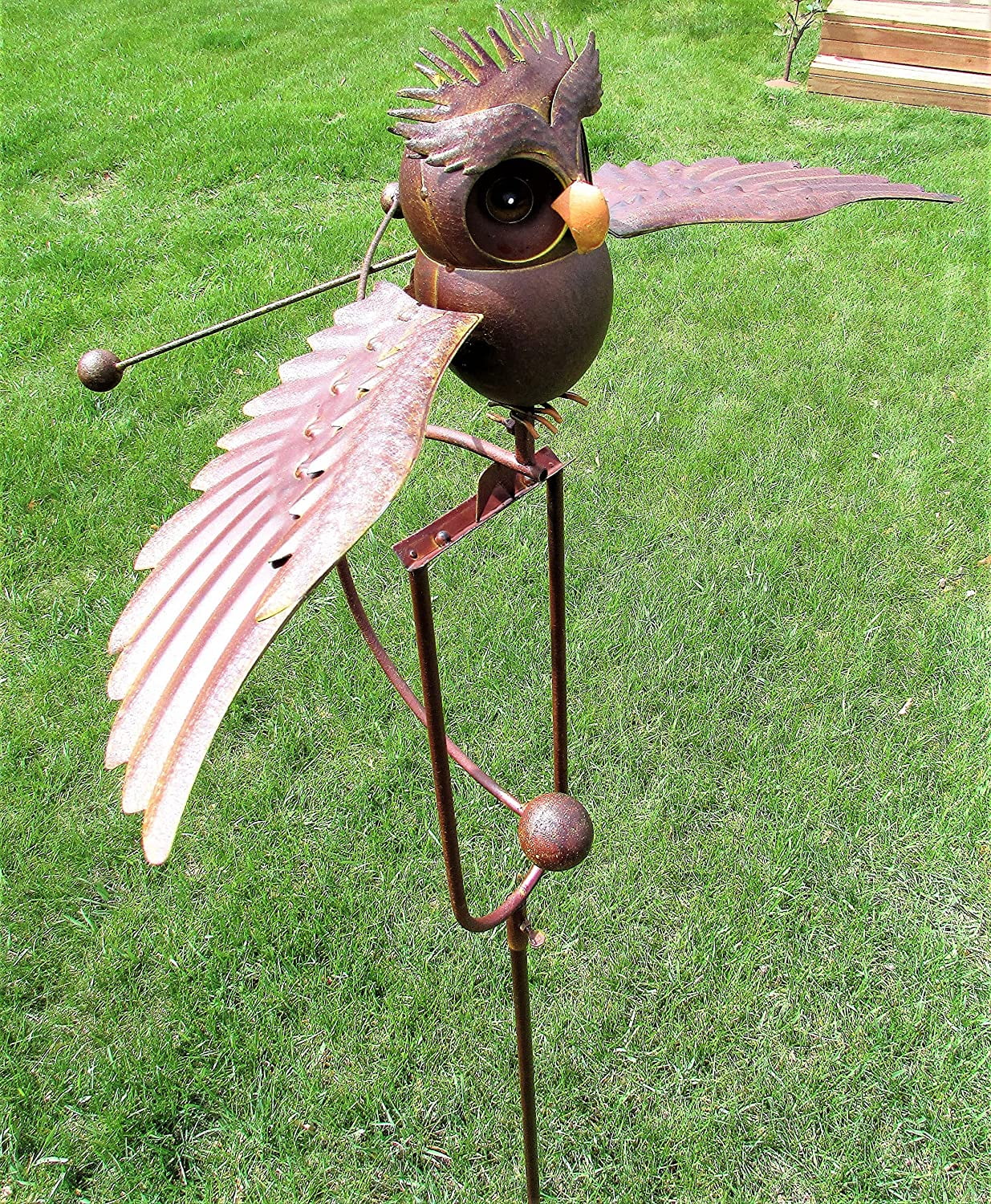 Kinetic Metal Brown Owl Yard Stake Rocking Wind Spinner Whirly-Gig Garden Art