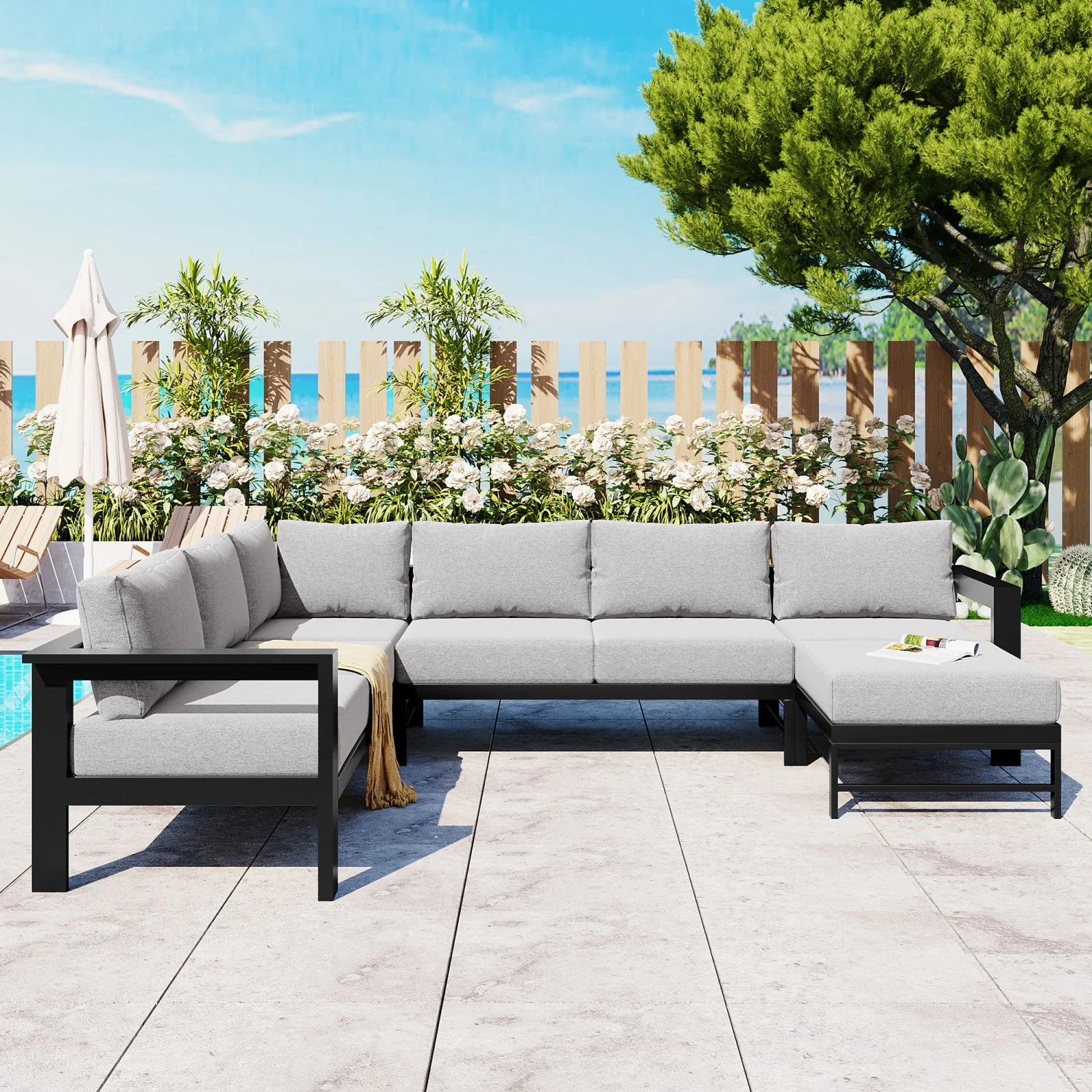 Churanty Outdoor Patio Furniture Set L-Shaped Aluminum Sectional Sofa All-Weather Patio Conversation Set with Cushions for Garden Backyard,Grey