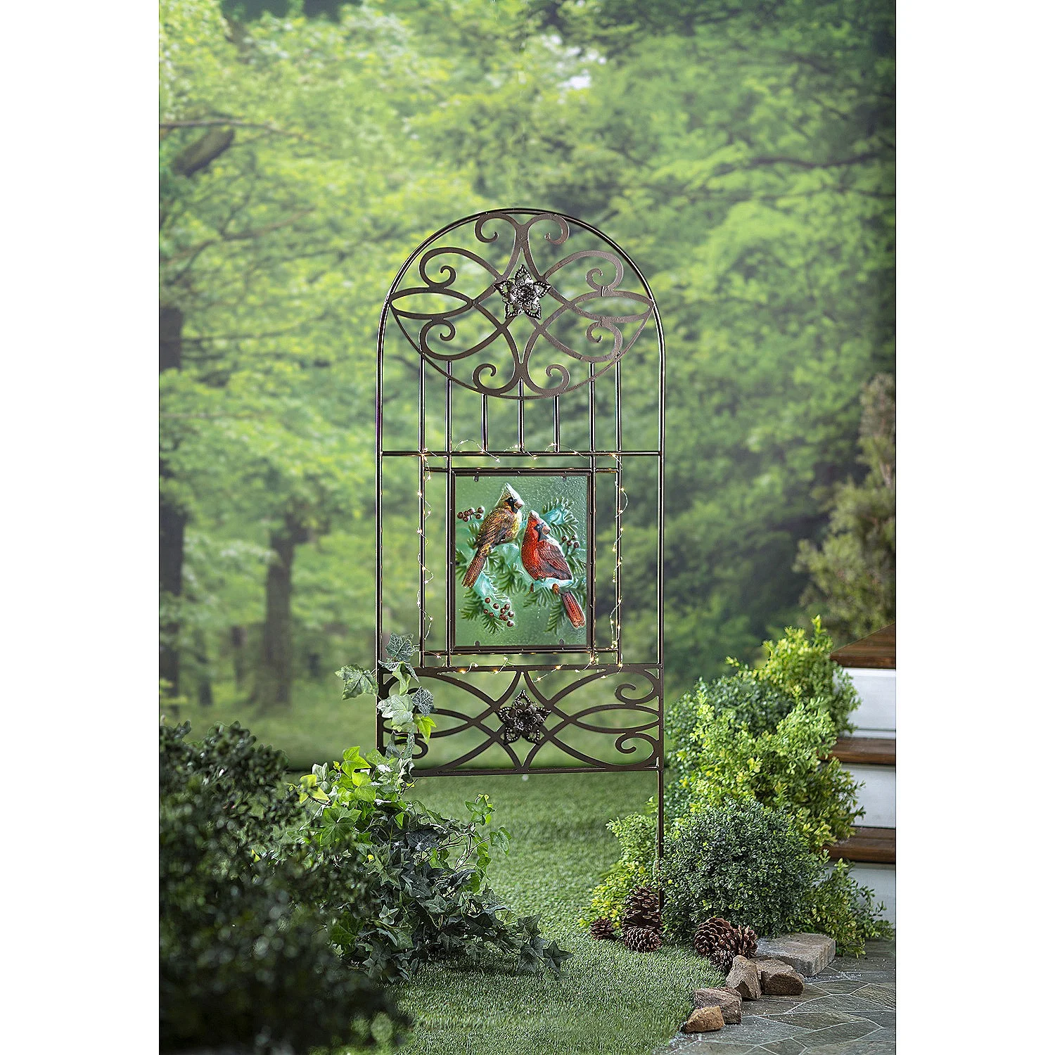 Four Seasons Metal Trellis with Four Painted Glass Inserts and Solar-Powered String Lights