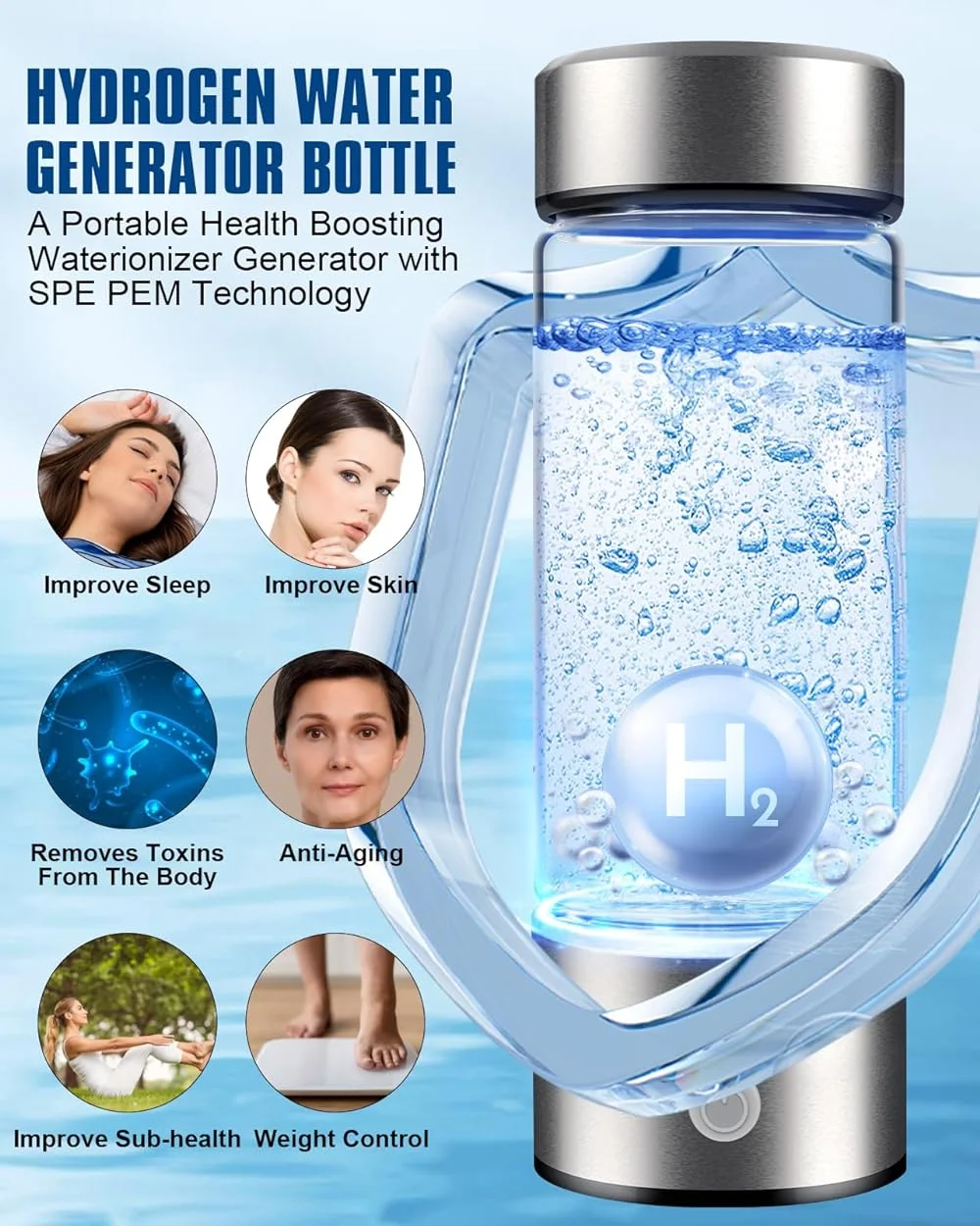 Hydrogen Water Bottle  Portable Hydrogen Water Ionizer Machine Rechargeable Hydrogen Water Generator with SPE PEM Technology Hydrogen Rich Water Glass Health Cup for Home Travel Fitness D