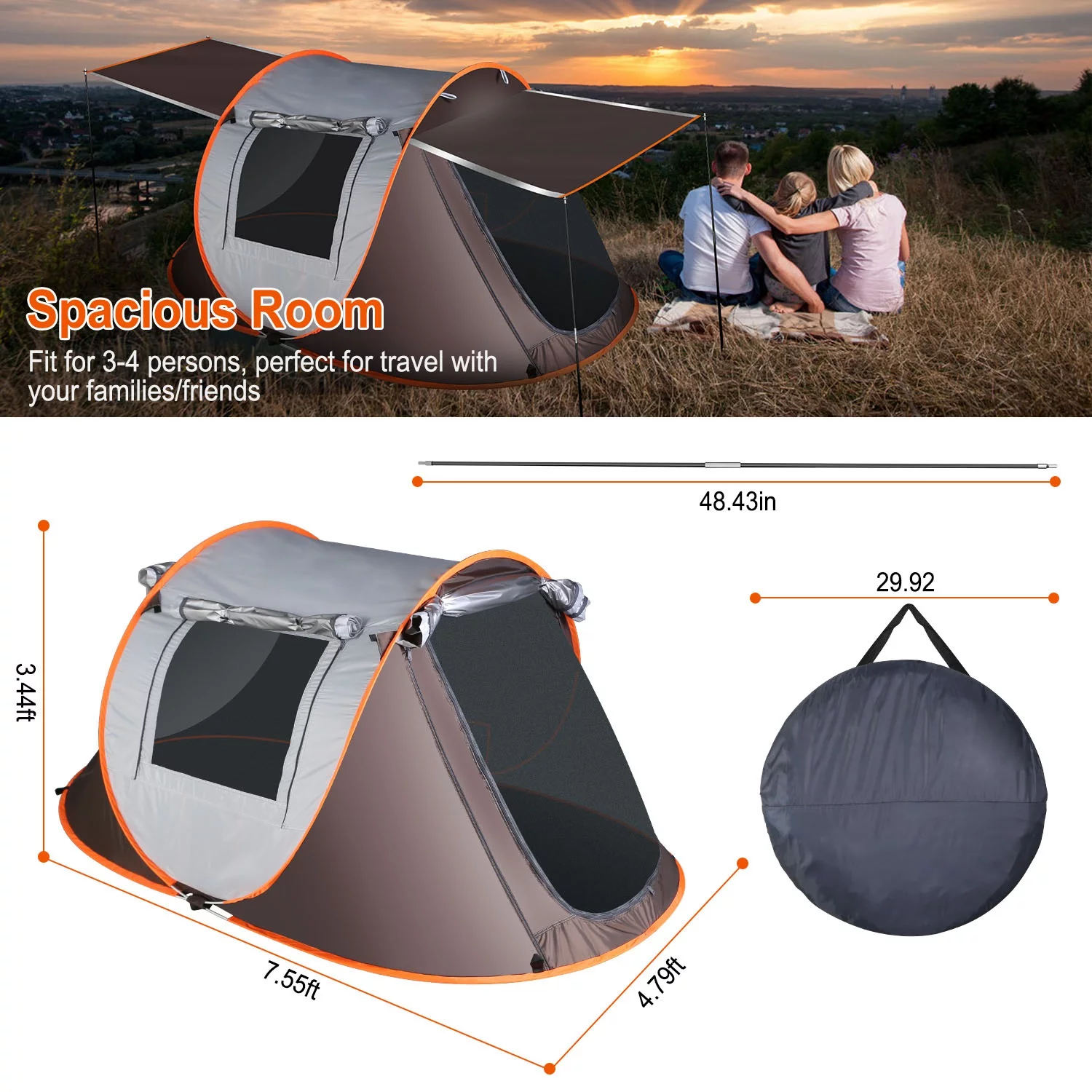 5-8Person Pop Up Automatic Setup Tent iMounTEK Waterproof Instant Setup Tent w/ Tent Pole Mosquito Window