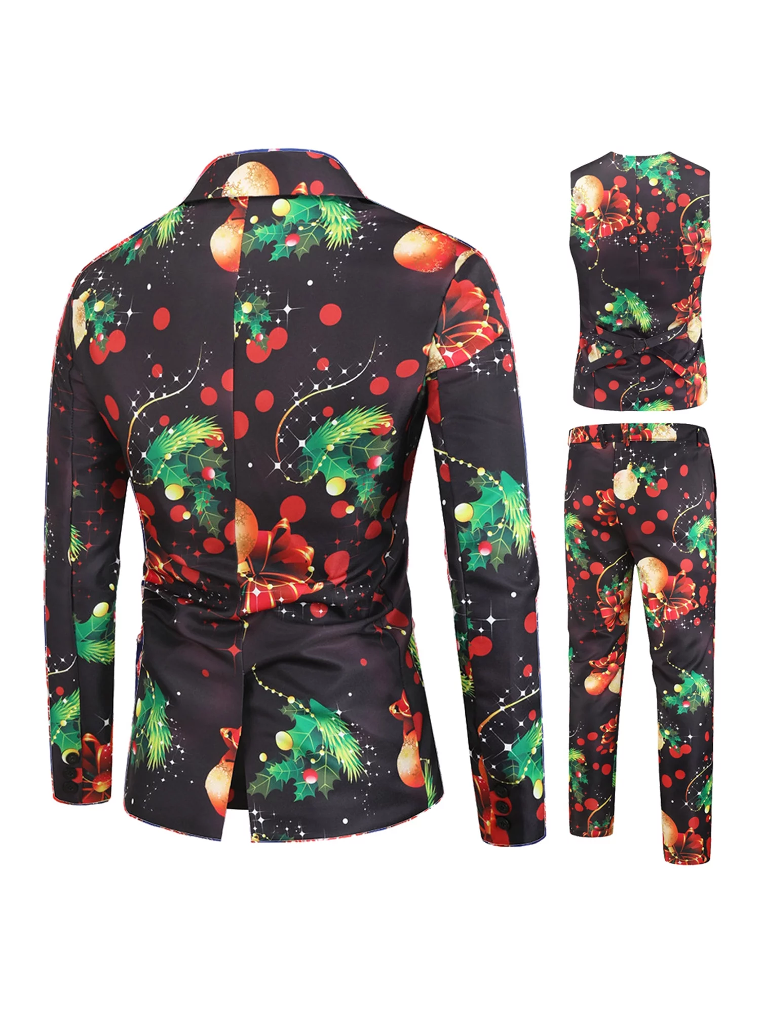 Genuiskids Men's Christmas 3 Piece Suit Print Turn-Down Collar Jacket + Sleeveless Split Vest + Elastic Waist Long Pants Funny Christmas Blazer Sets