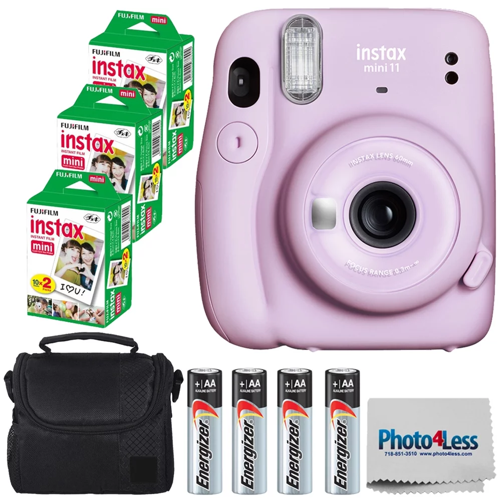 Fujifilm Instax Mini 11 Instant Camera - Lilac Purple (16654803) + 3 Packs Fujifilm Instax Mini Twin Pack Instant Film (16437396) + Batteries + Case + Cloth