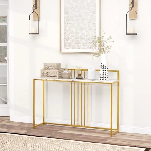 JYHOME 47\u201D Gold Console Table  Narrow Long Sofa Table with Faux Marble Tabletop  Baffles & Golden Metal Frame  Entryway Table  Modern Console Tables for Entryway  Foyer  Entrance