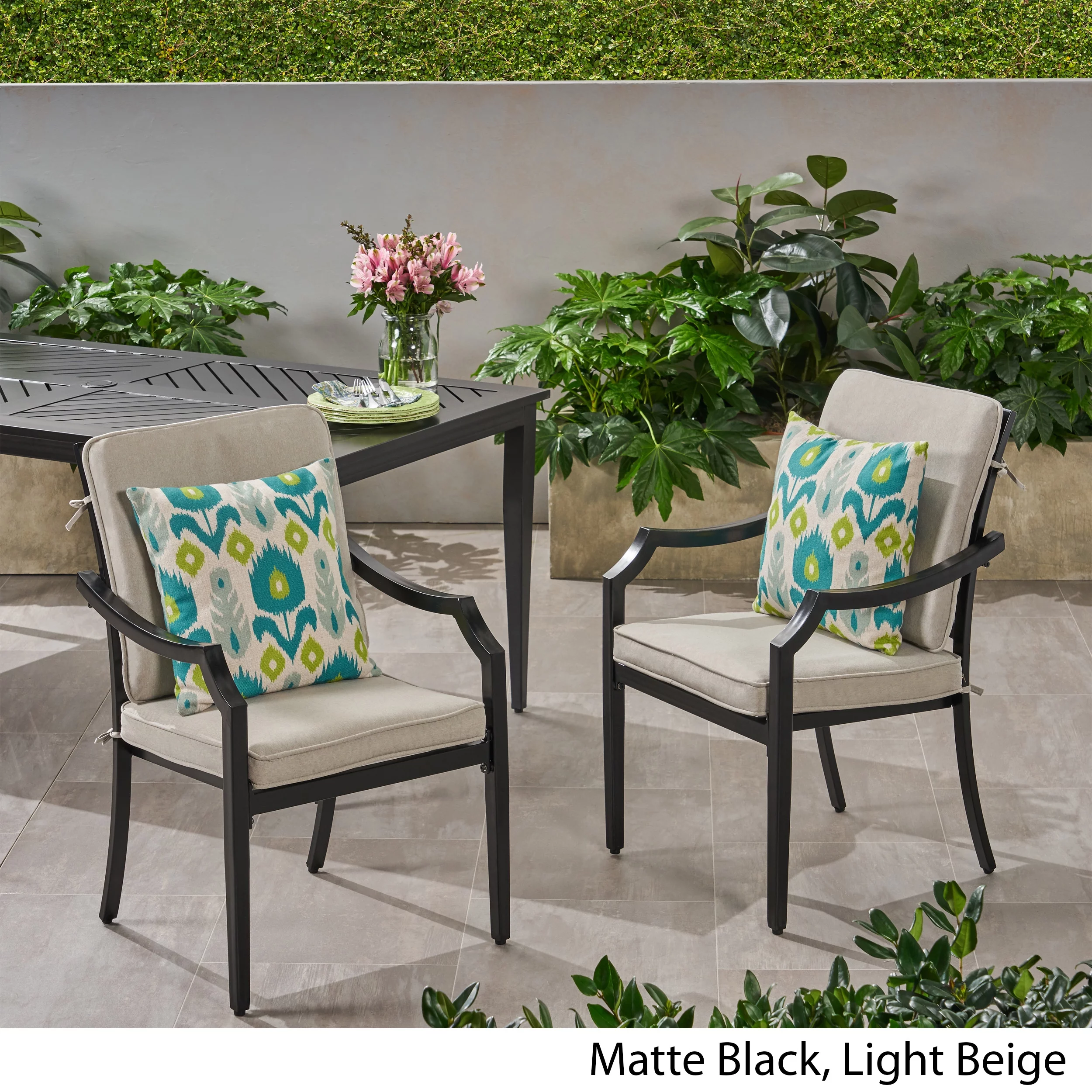 GDF Studio Belle Diego Outdoor Aluminum Dining Chairs with Cushions (Set of 2), Matte Black and Light Beige