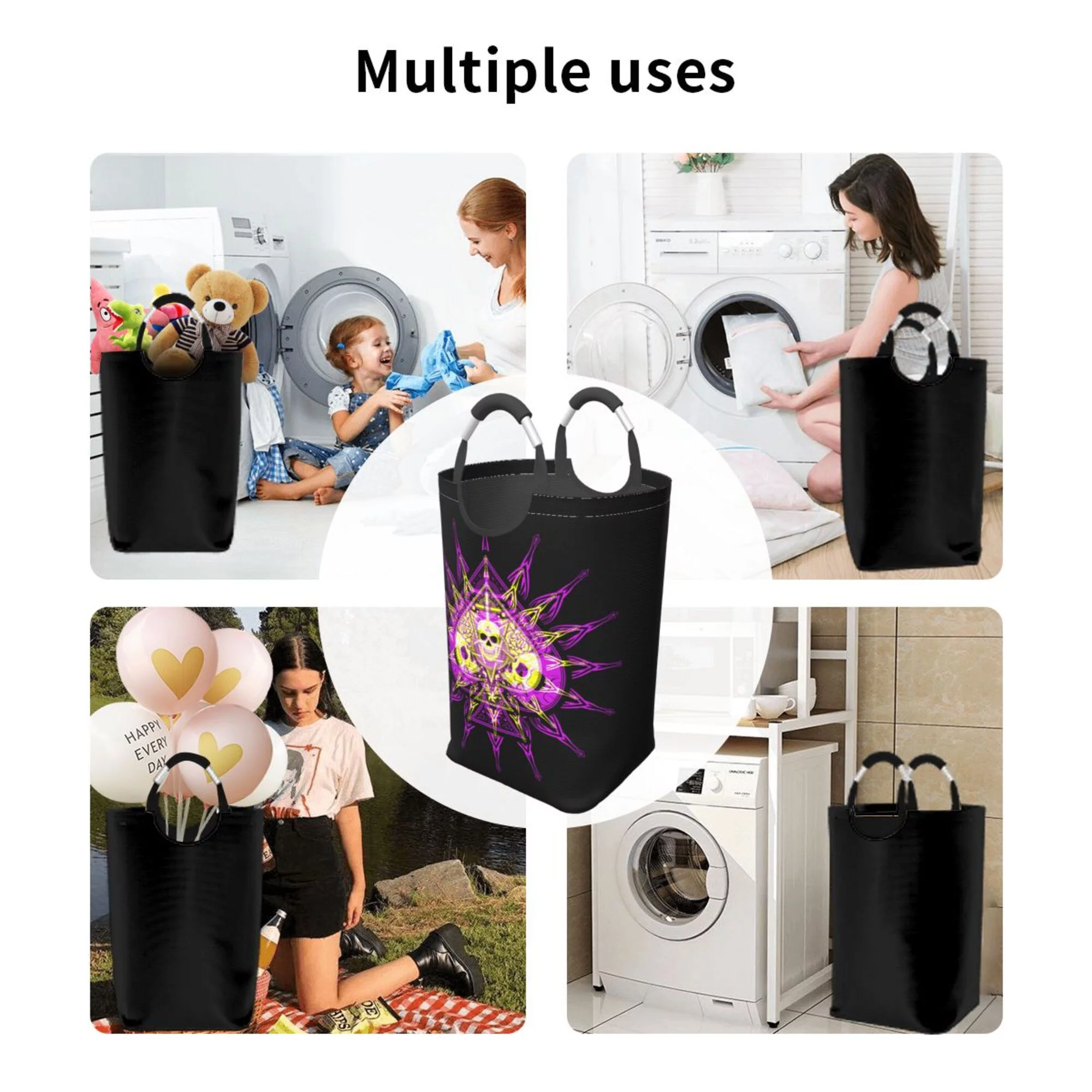 TEQUAN 50L Large Rectangular Laundry Hamper with Aluminum Handles, Spades Poker Death Skeleton Purple Prints Waterproof Foldable Dirty Clothes Basket