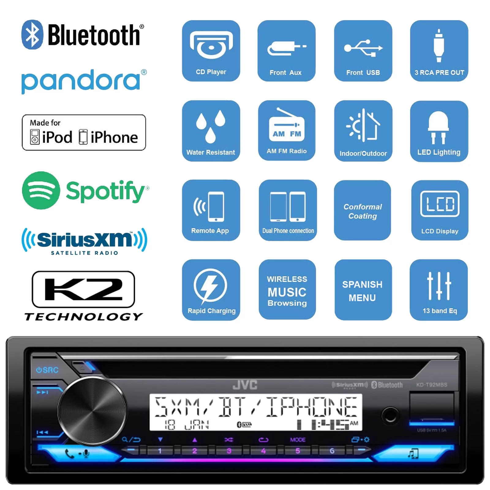 JVC Single DIN In-Dash Bluetooth Radio USB AUX AM/FM Digital Media Marine Receiver Bundle Combo with 1 Pair (QTY 2) 6.5